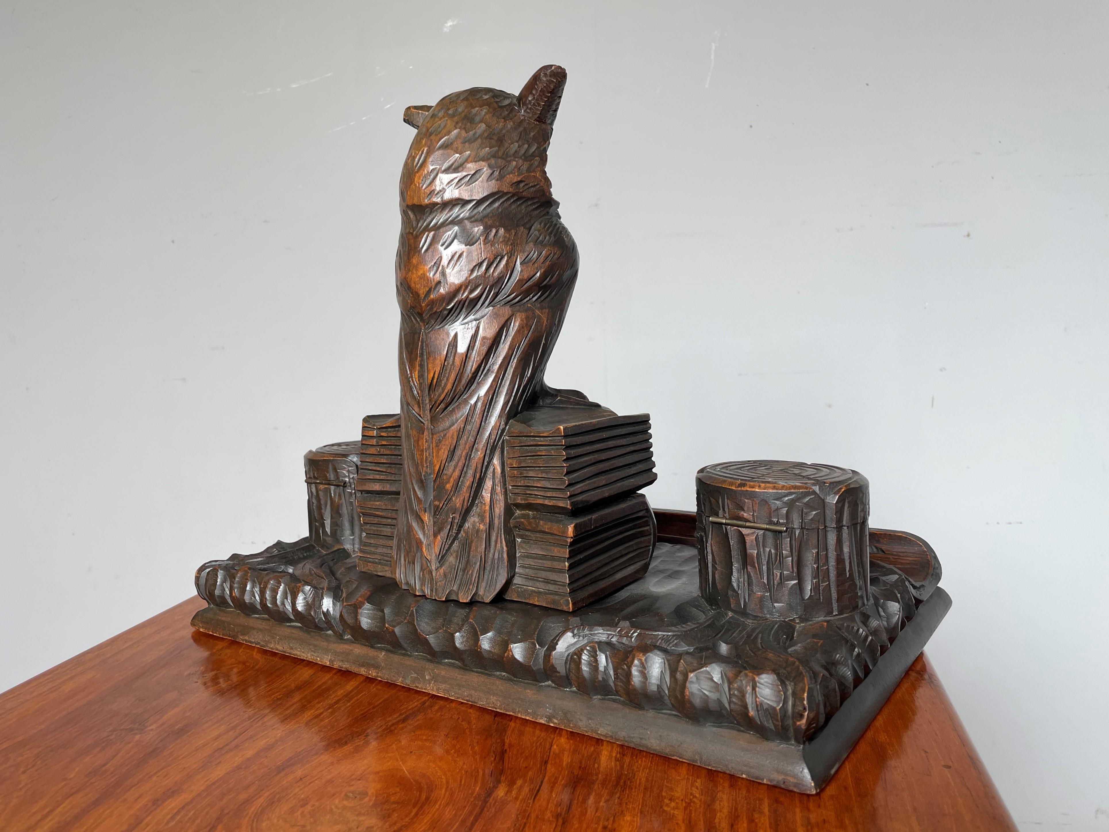 Glass Antique Hand Carved Black Forest Inkstand with Owl on Books Sculpture & Inkwells