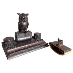 Antique Hand Carved Black Forest Inkstand with Owl on Books Sculpture & Inkwells