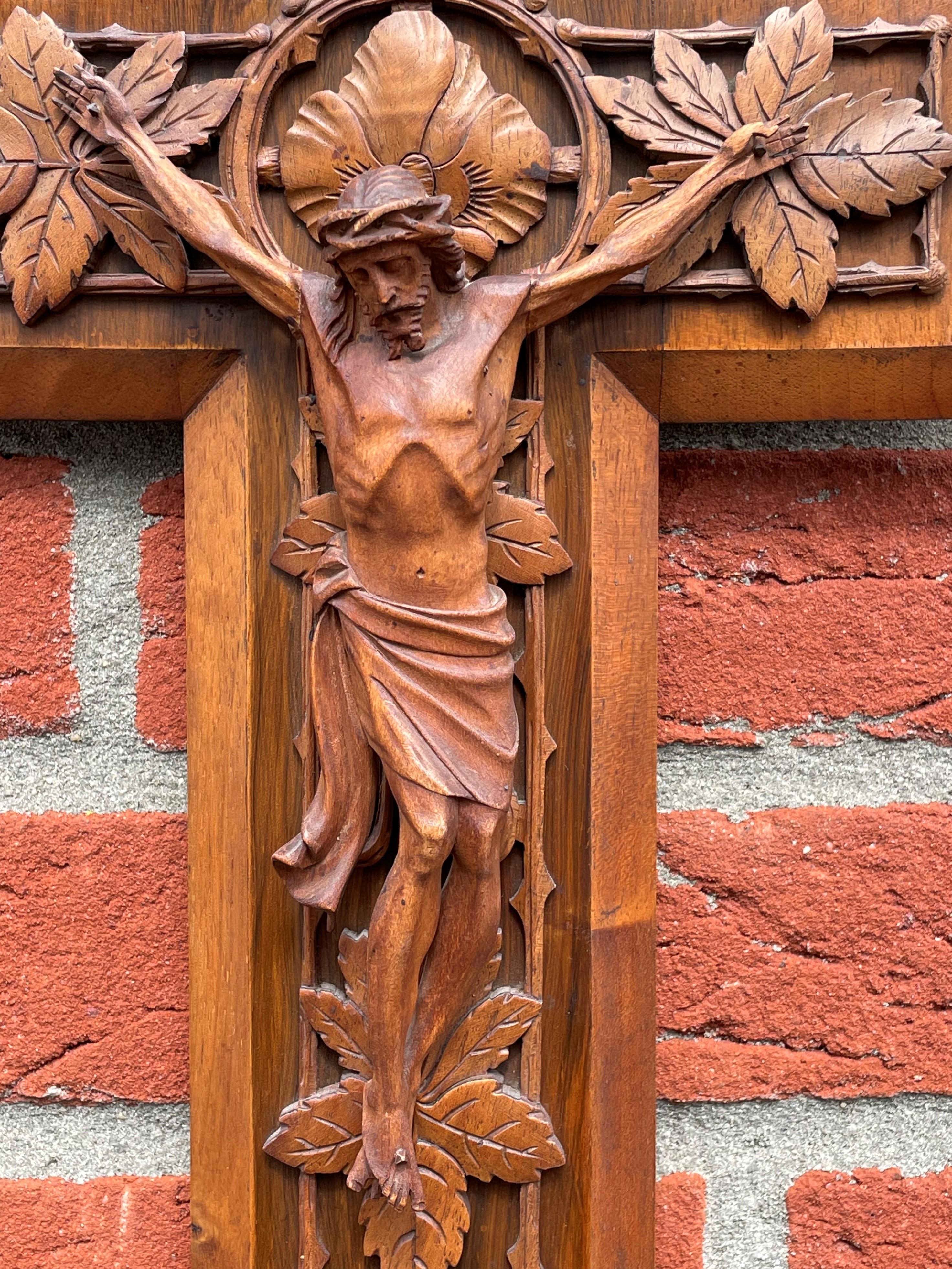 Hand-Carved Antique Hand Carved Black Forest Nutwood Crucifix w. Corpus of Christ Sculpture