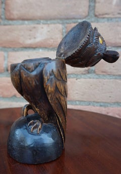 Antique Hand-Carved Black Forest Owl Sculpture with Glass Eyes and Brass Inkwell