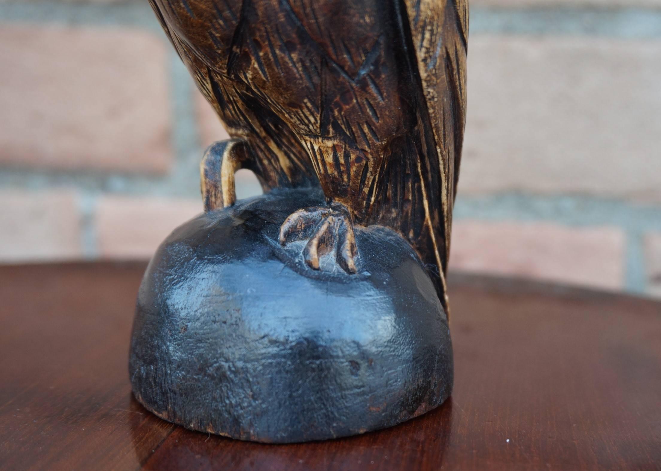 European Antique Hand-Carved Black Forest Owl Sculpture with Glass Eyes and Brass Inkwell