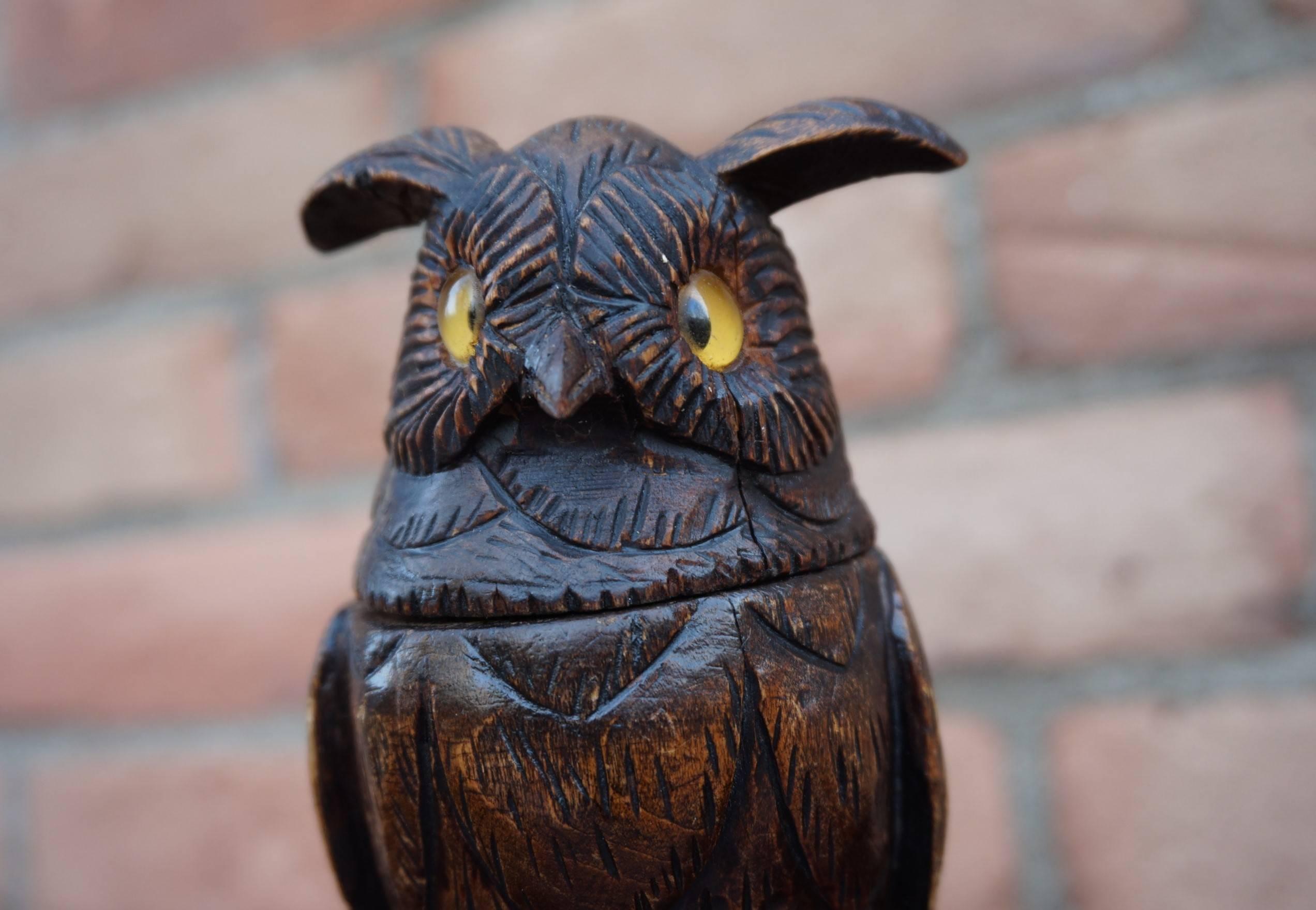 20th Century Antique Hand-Carved Black Forest Owl Sculpture with Glass Eyes and Brass Inkwell