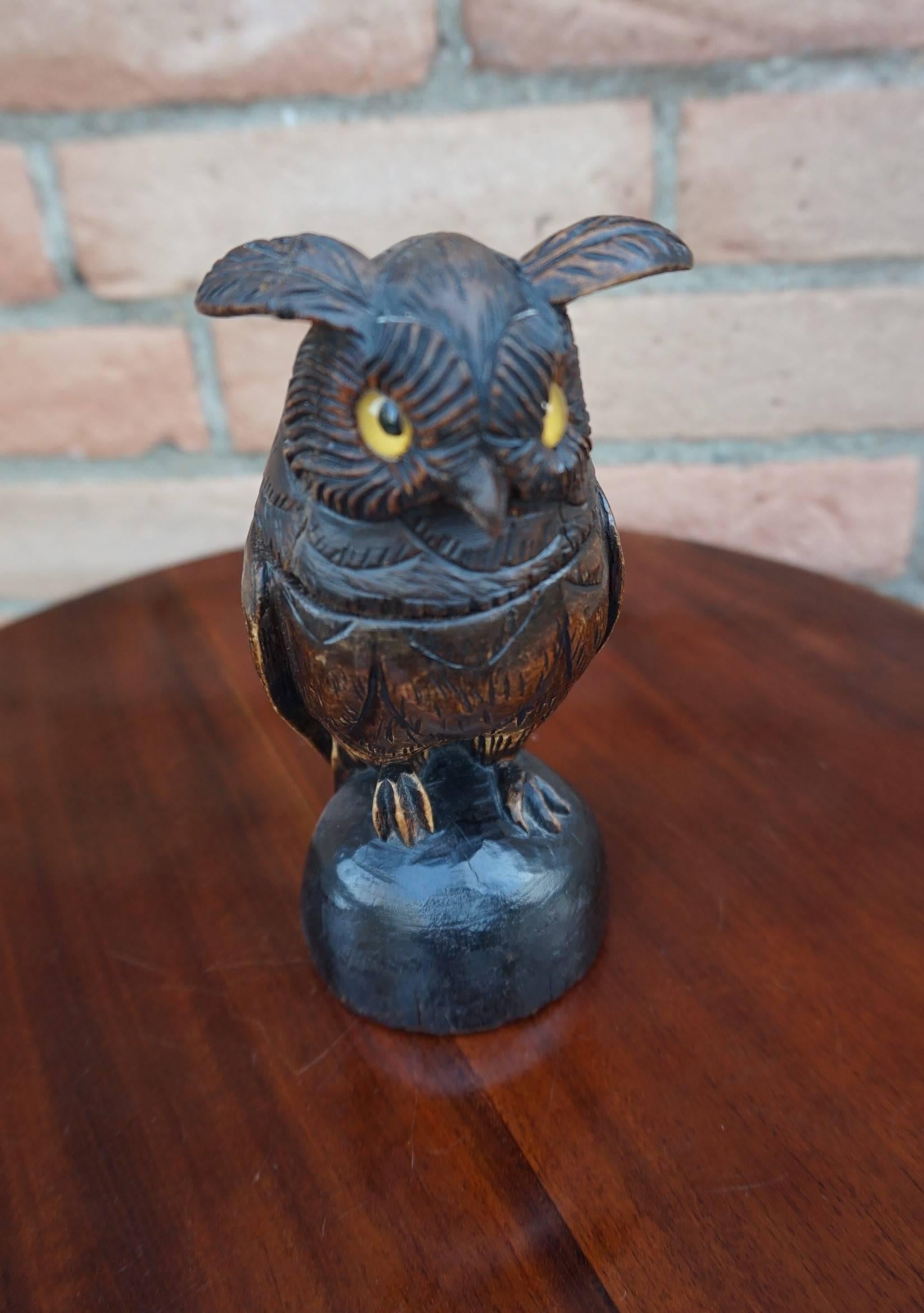 Wood Antique Hand-Carved Black Forest Owl Sculpture with Glass Eyes and Brass Inkwell