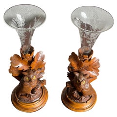 Antique Hand Carved Black Forest Owl Sculptures with Engraved Vases & Glass Eyes