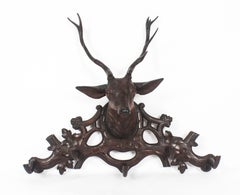 Antique Hand Carved Black Forest Stag's Head Coat Rack 19th Century