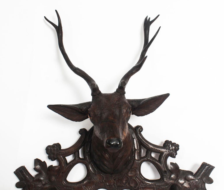 Antique Hand Carved Black Forest Stag's Head Coat Rack 19th Century at