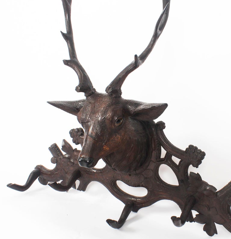 Antique Hand Carved Black Forest Stag's Head Coat Rack 19th Century at