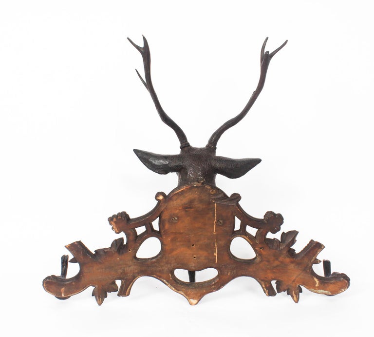 Antique Hand Carved Black Forest Stag's Head Coat Rack 19th Century at