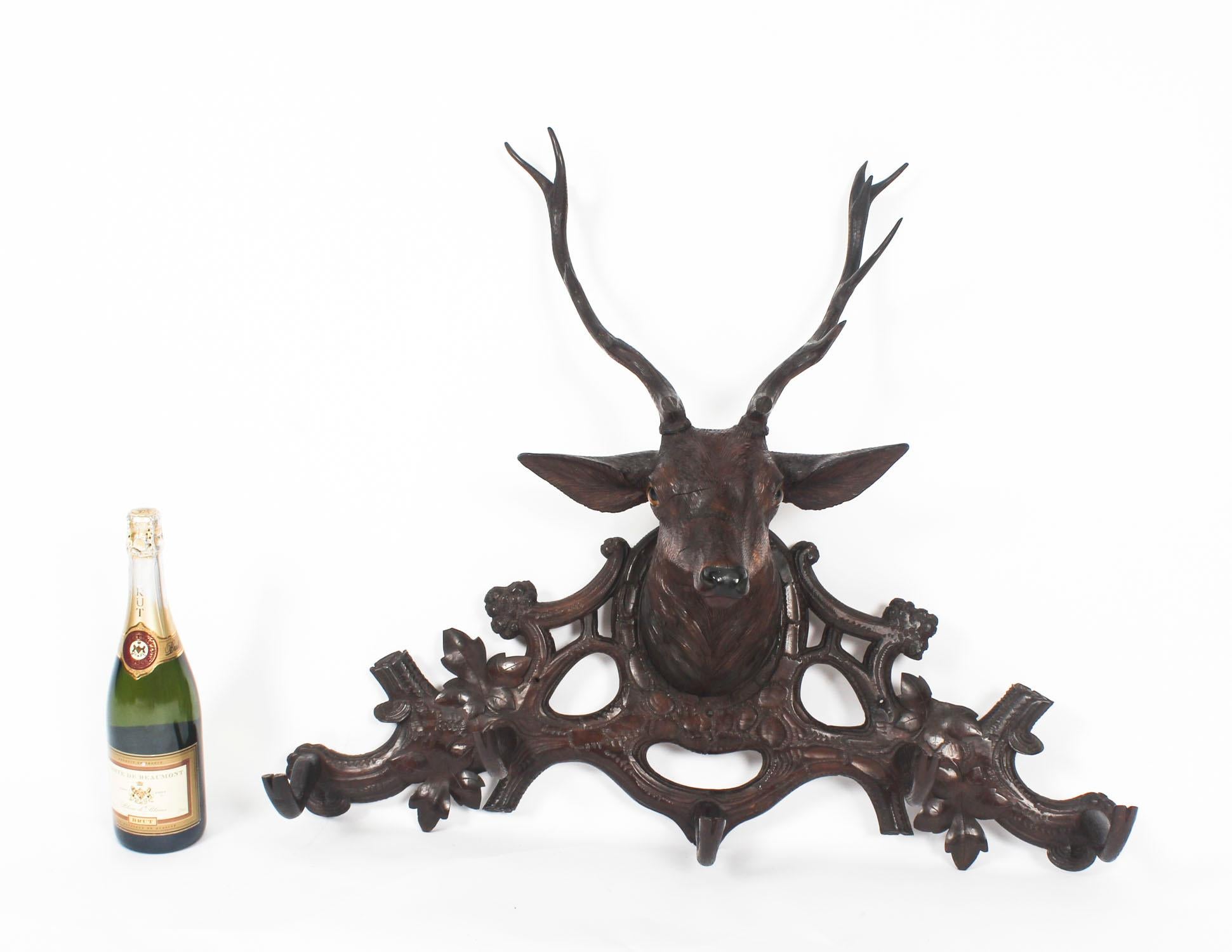 Antique Hand Carved Black Forest Stag's Head Coat Rack 19th Century In Excellent Condition In London, GB