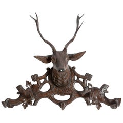 Antique Hand Carved Black Forest Stag's Head Coat Rack 19th Century