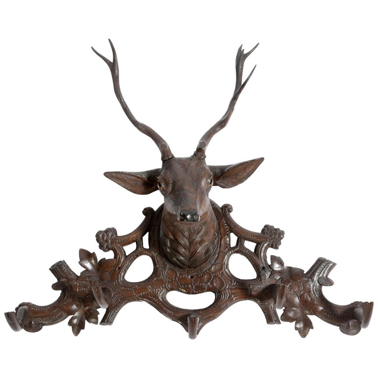 Antique Hand Carved Black Forest Stag's Head Coat Rack 19th Century at