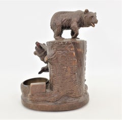 Antique Hand-Carved Black Forest Tobacco Jar or Humidor & Ashtray with Bears