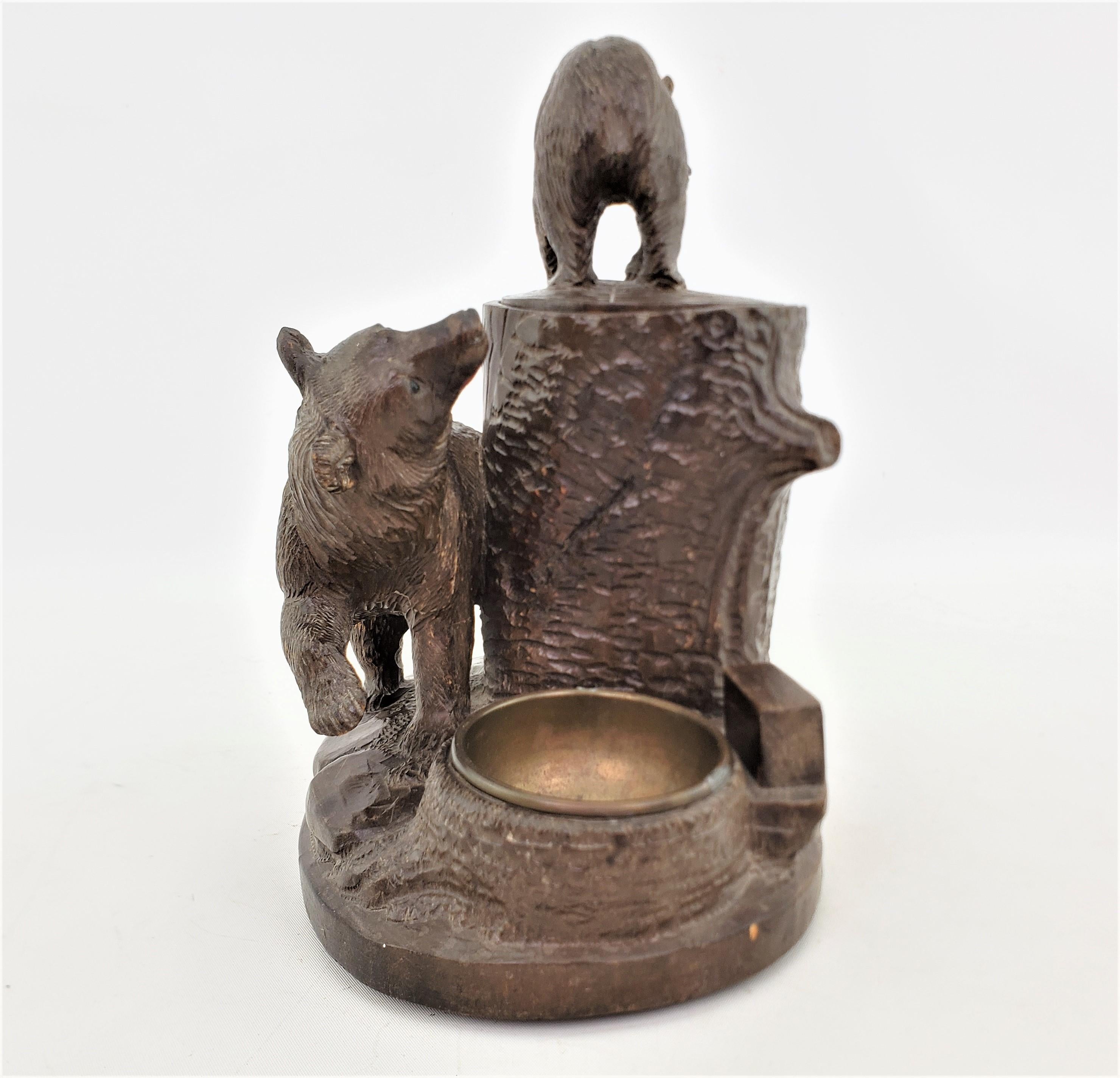 20th Century Antique Hand-Carved Black Forest Tobacco Jar or Humidor & Ashtray with Bears For Sale