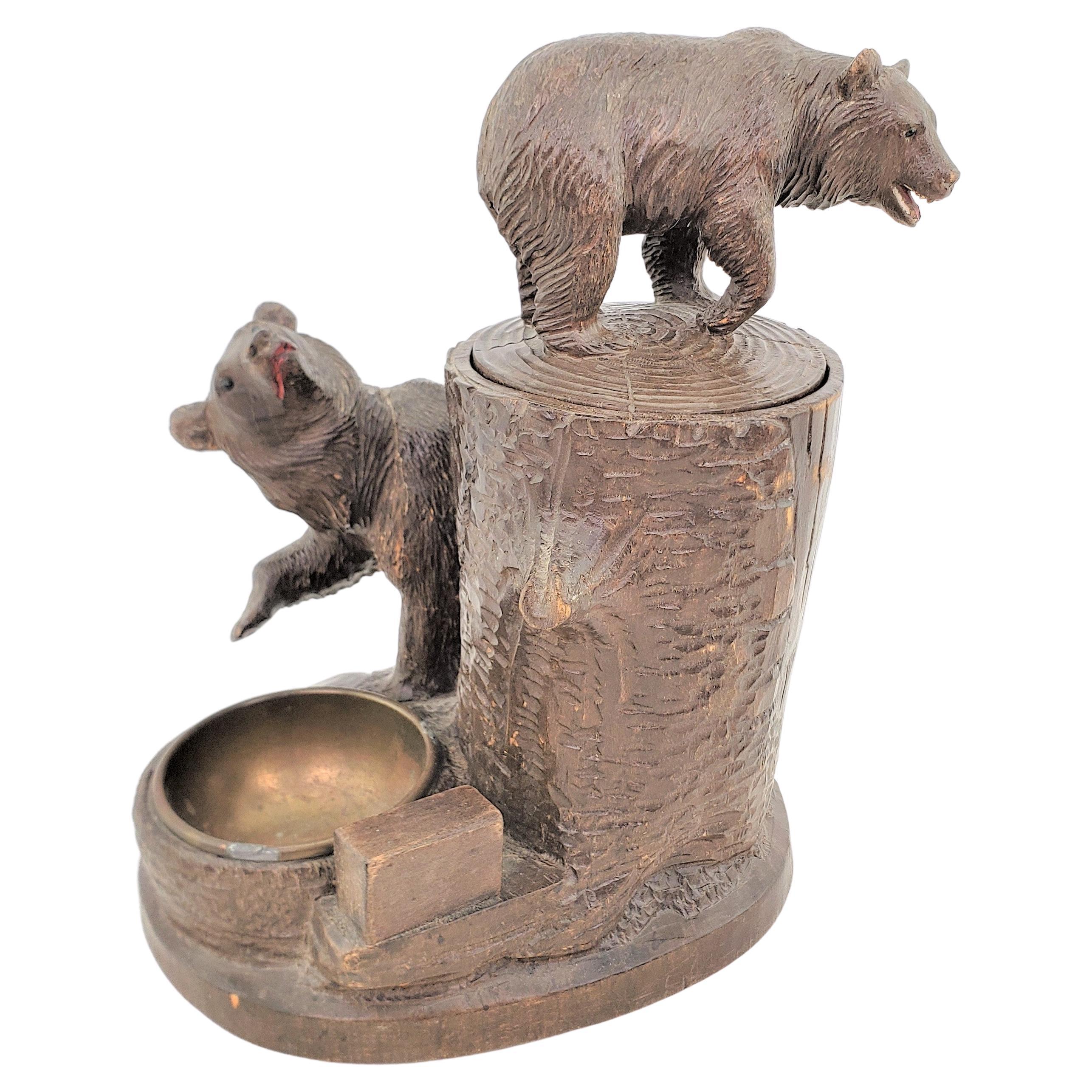Antique Hand-Carved Black Forest Tobacco Jar or Humidor & Ashtray with Bears For Sale