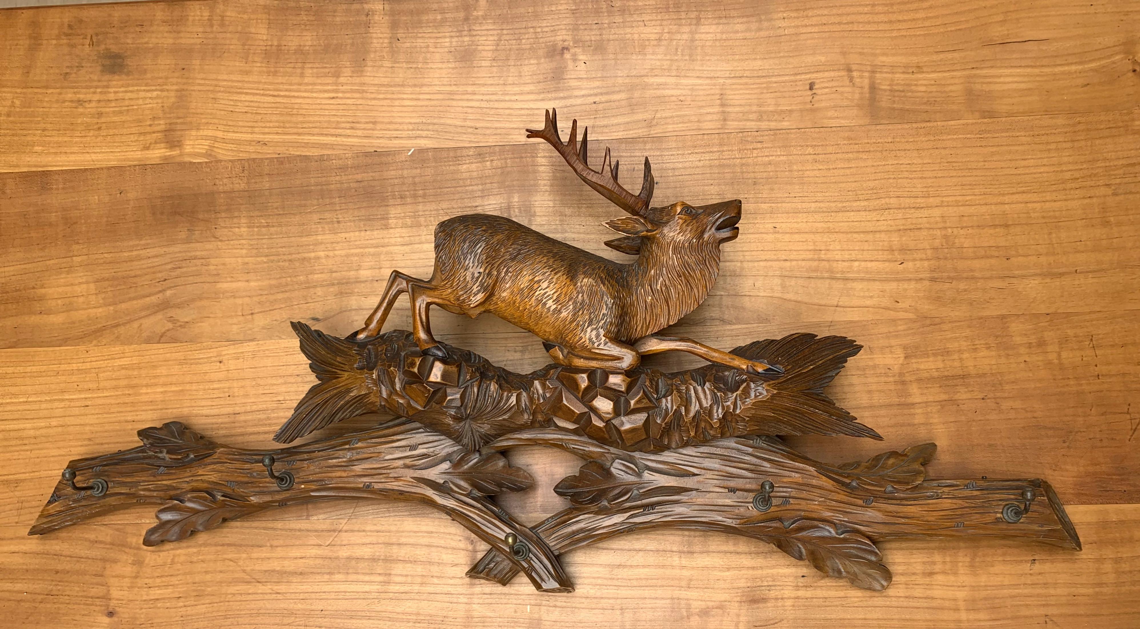 Great Antique Hand Carved Black Forest Wall Coat Rack with Deer Stag on the Top 6
