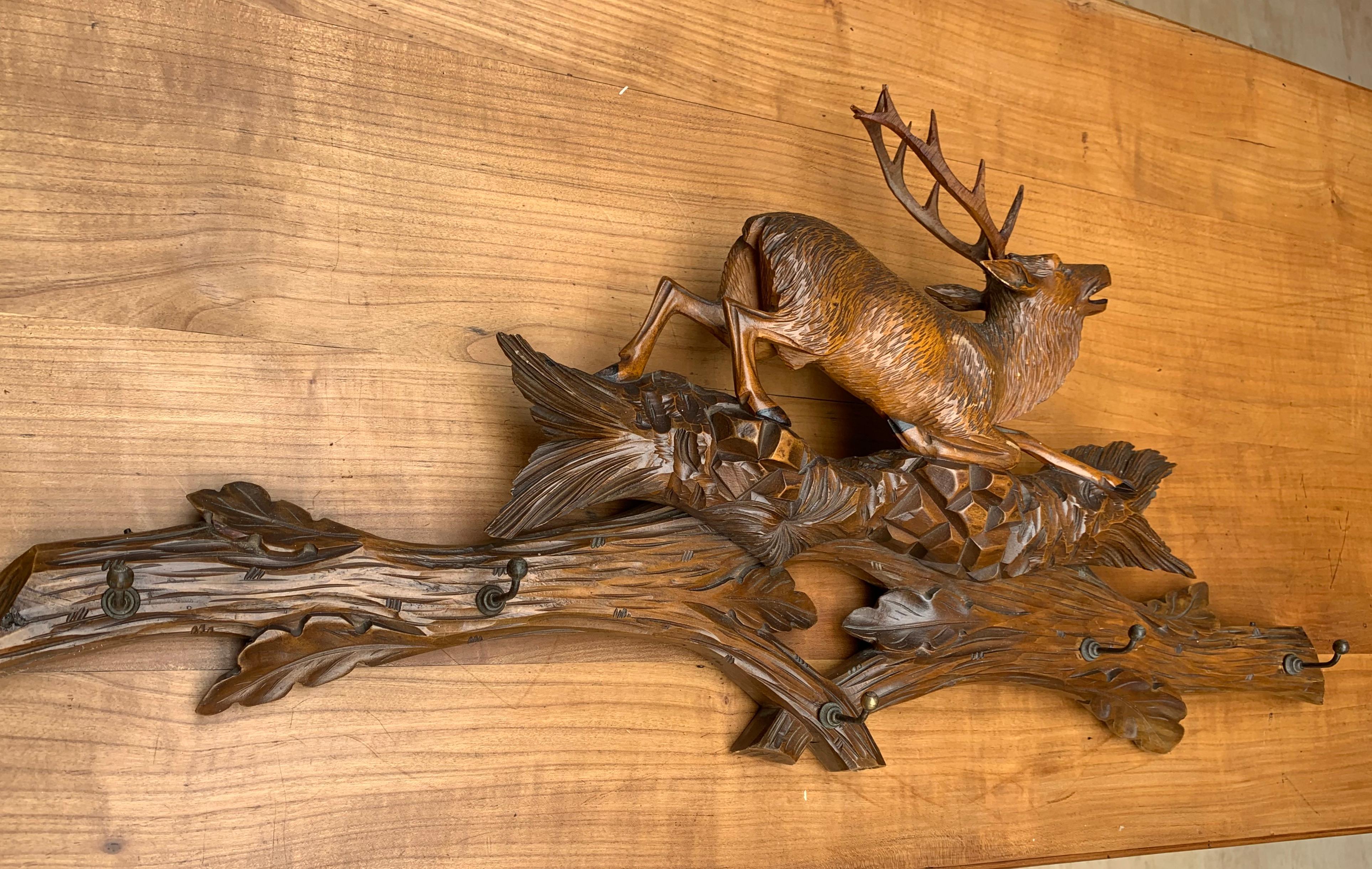 Great Antique Hand Carved Black Forest Wall Coat Rack with Deer Stag on the Top 10