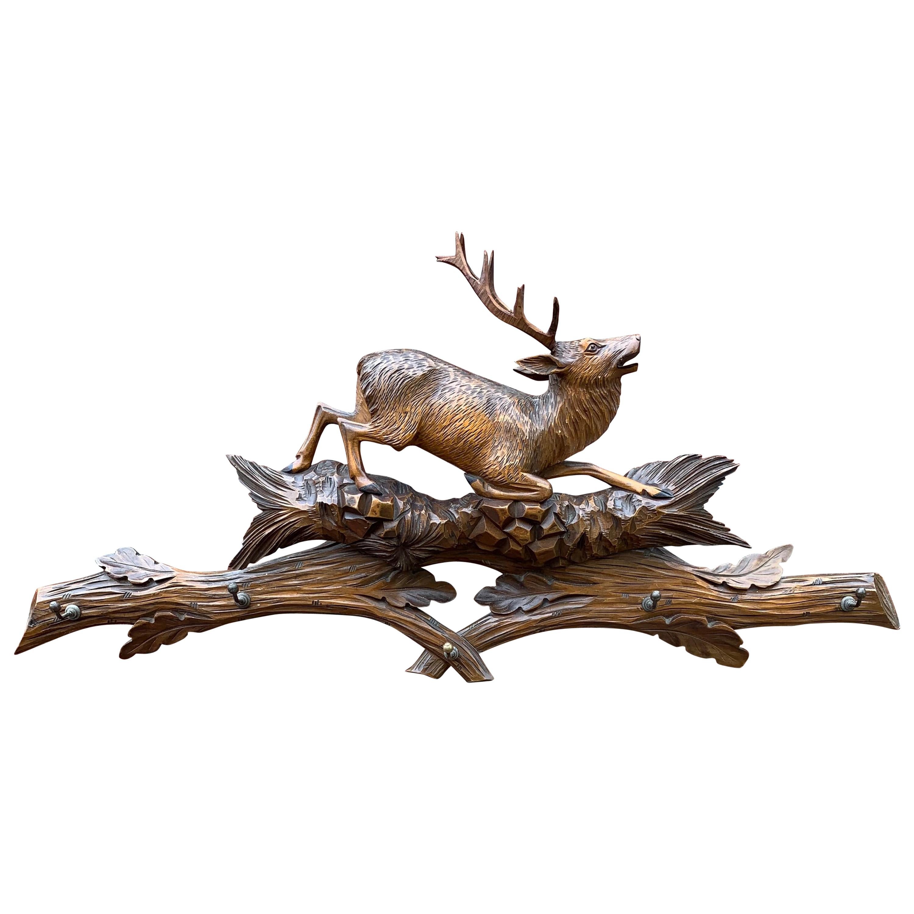 Great Antique Hand Carved Black Forest Wall Coat Rack with Deer Stag on the Top