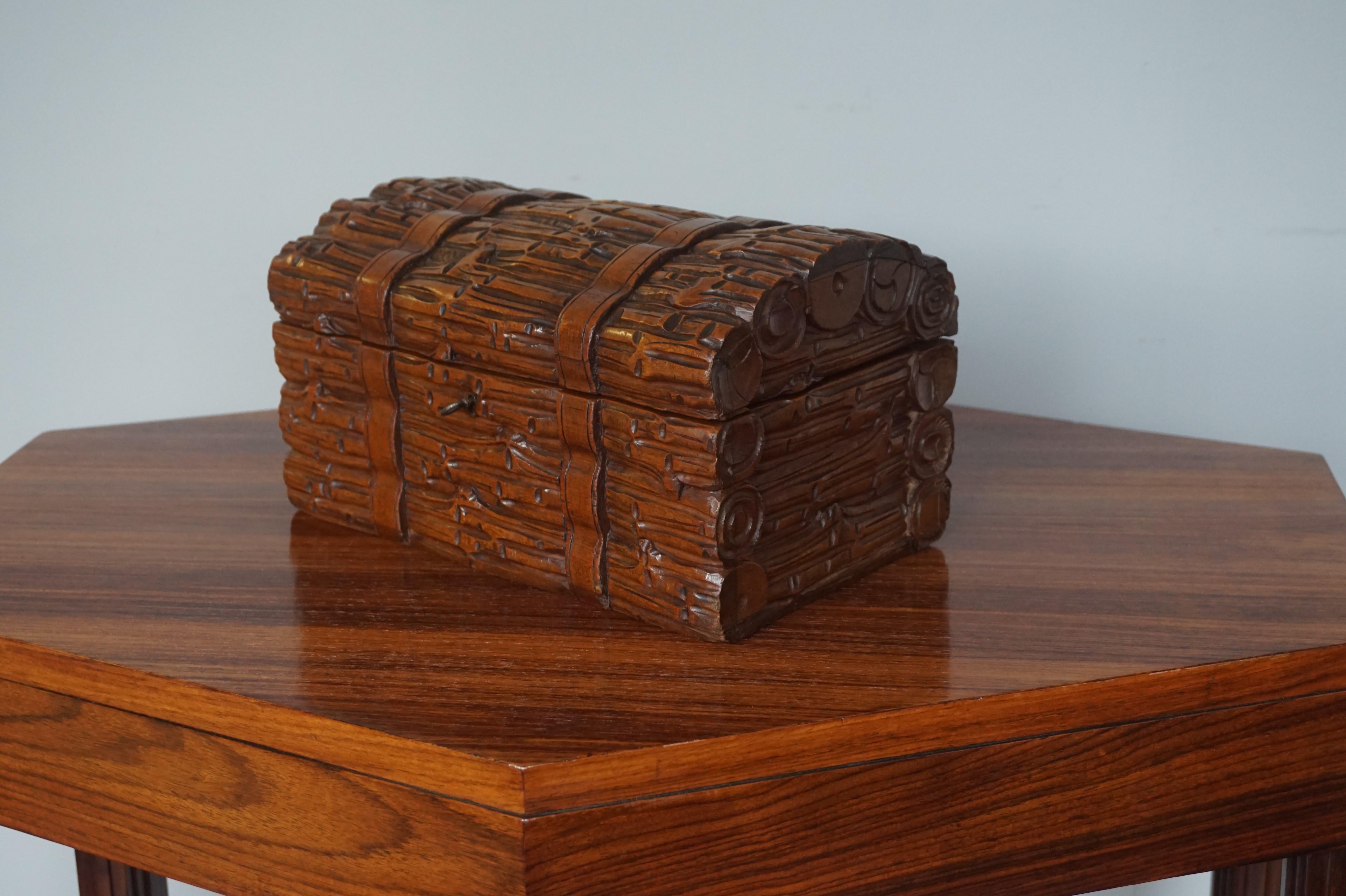 Brass Antique Hand Carved Black Forest Wooden Chest or Trunk Shape Jewelry / Cigar Box For Sale