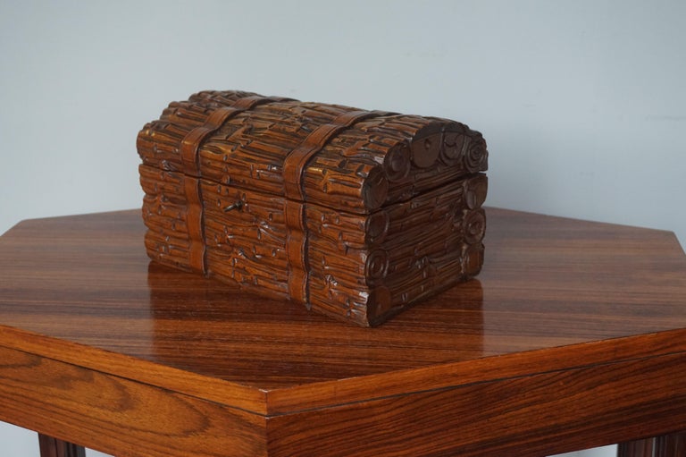 Antique Hand Carved Black Forest Wooden Chest or Trunk Shape Jewelry / Cigar Box For Sale 3