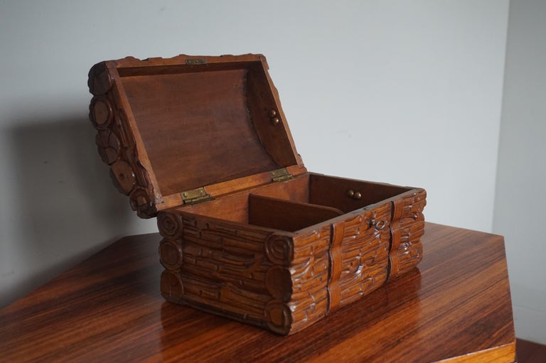 Antique Hand Carved Black Forest Wooden Chest or Trunk Shape Jewelry / Cigar Box For Sale 4