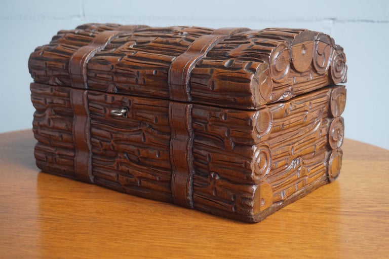 Antique Hand Carved Black Forest Wooden Chest or Trunk Shape Jewelry / Cigar Box For Sale 8