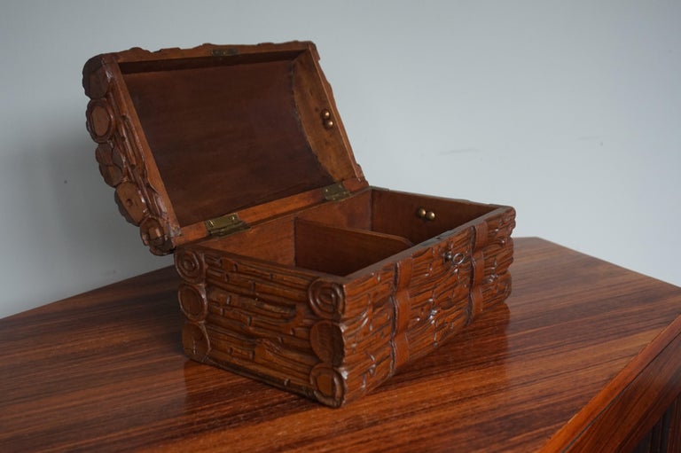 19th Century Antique Hand Carved Black Forest Wooden Chest or Trunk Shape Jewelry / Cigar Box For Sale