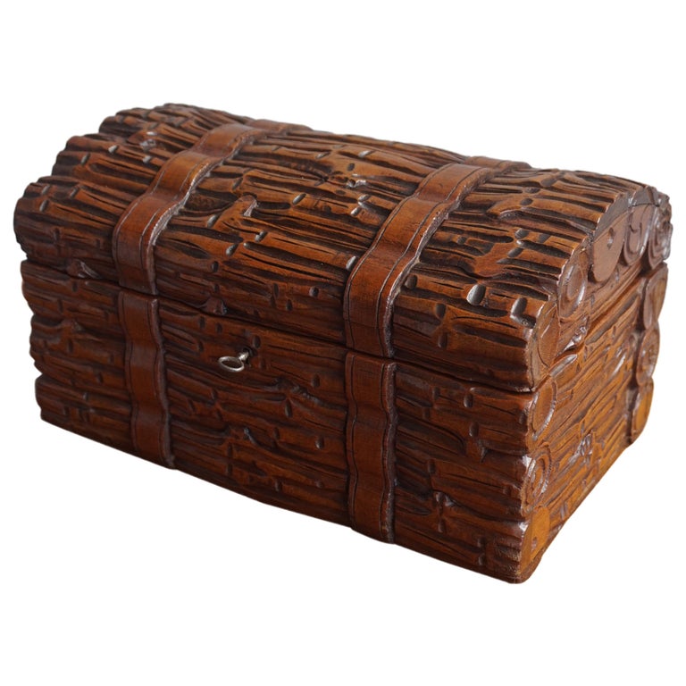 Antique Hand Carved Black Forest Wooden Chest or Trunk Shape Jewelry / Cigar Box For Sale