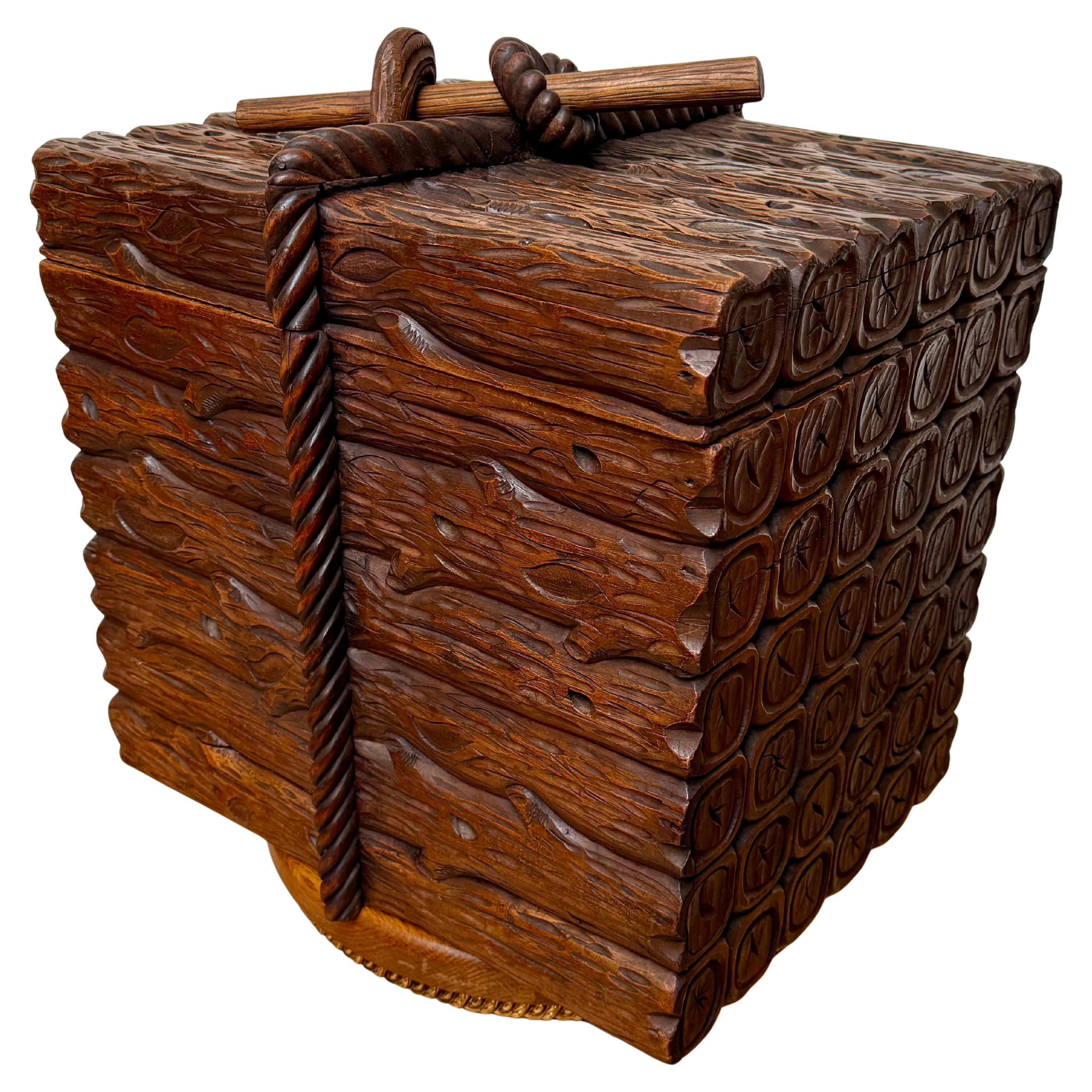 Antique Hand Carved Black Forest Wooden Lodge Design, Late 1800s Chest or Trunk