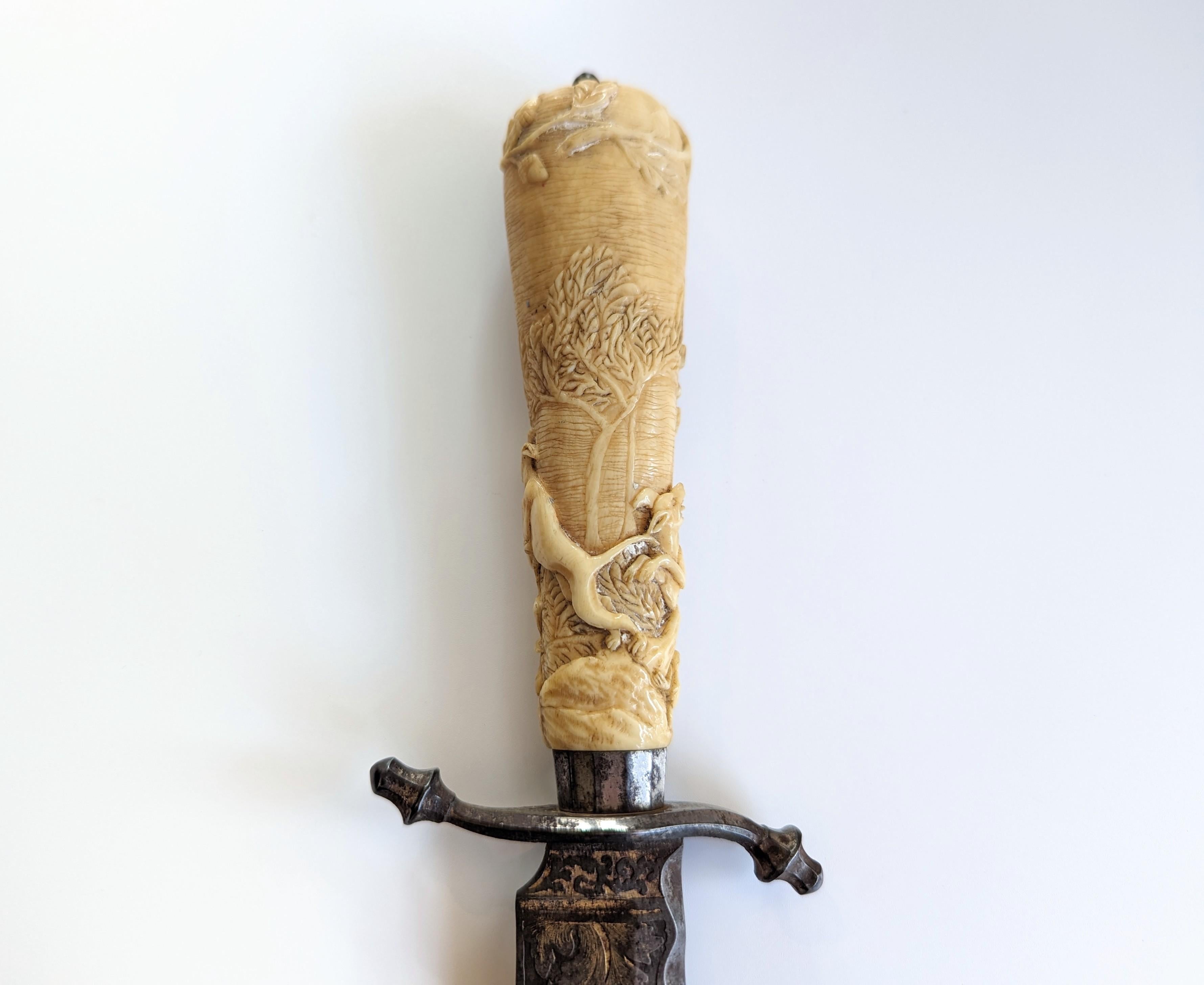 Other Antique Hand Carved Bone Knife Hunting Scene Damascene Blade Possibly German For Sale