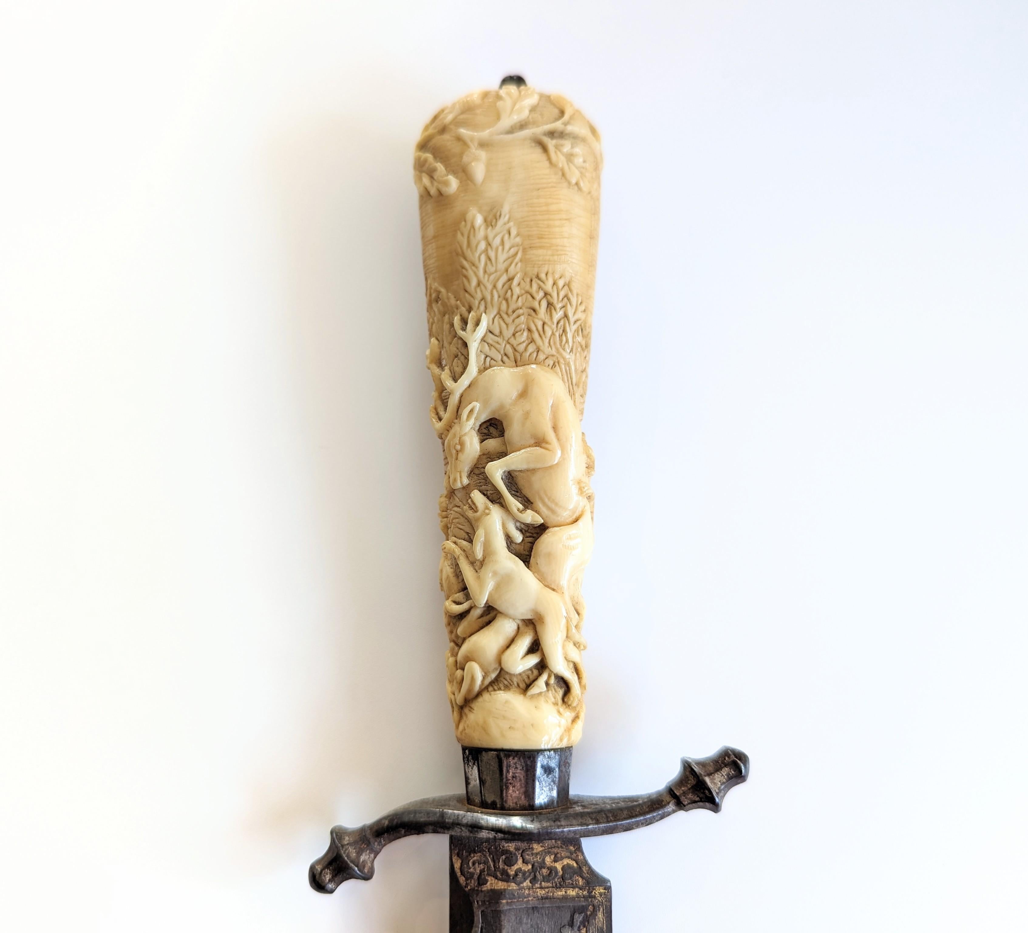 European Antique Hand Carved Bone Knife Hunting Scene Damascene Blade Possibly German For Sale