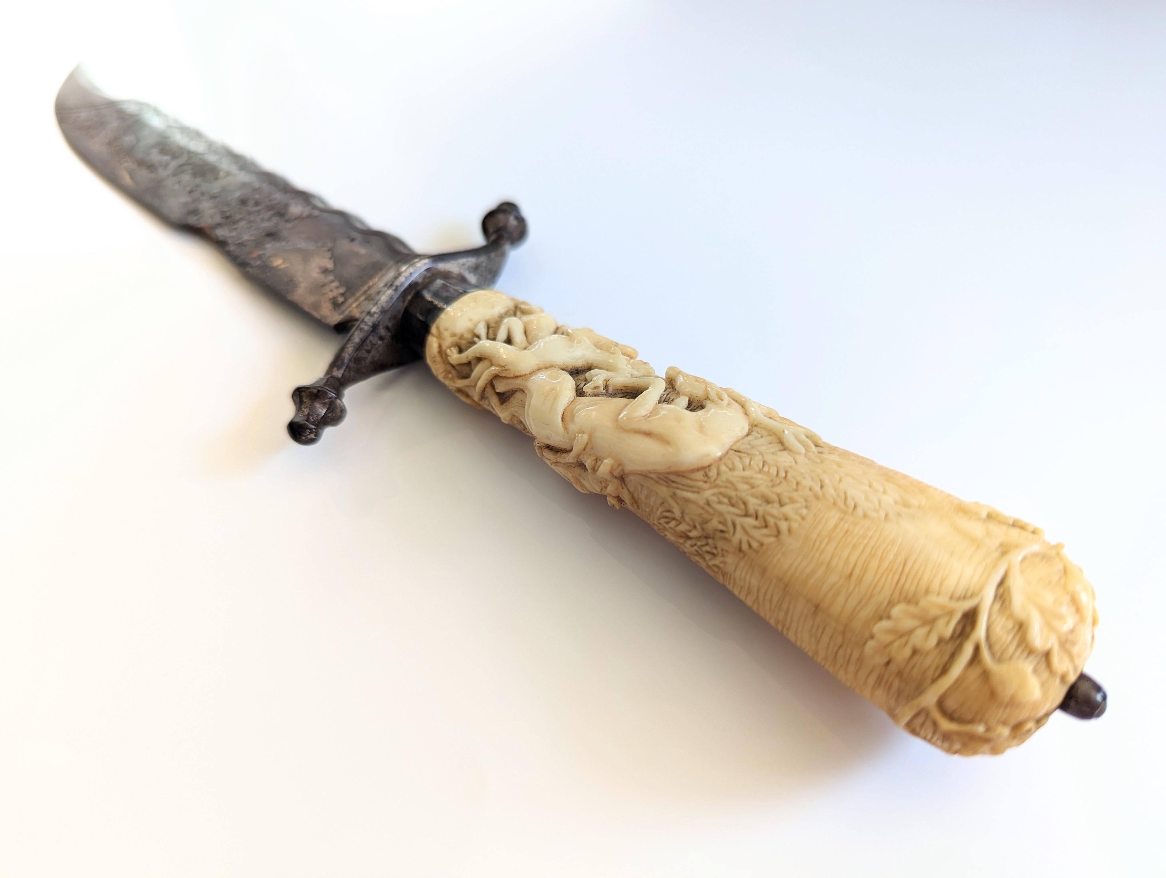Other Antique Hand Carved Bone Knife Hunting Scene Damascene Blade Possibly German For Sale