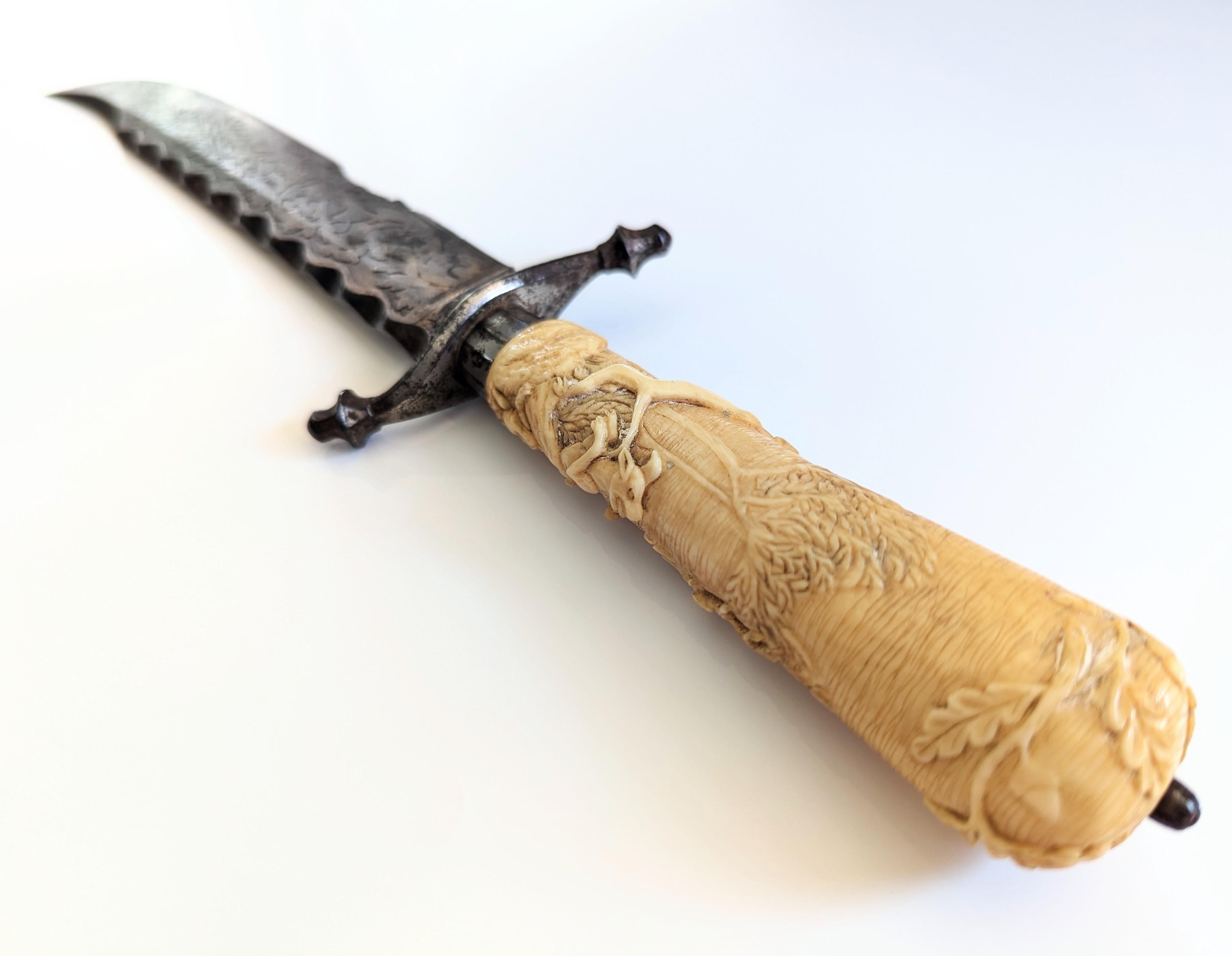 Antique Hand Carved Bone Knife Hunting Scene Damascene Blade Possibly German In Distressed Condition For Sale In Greer, SC