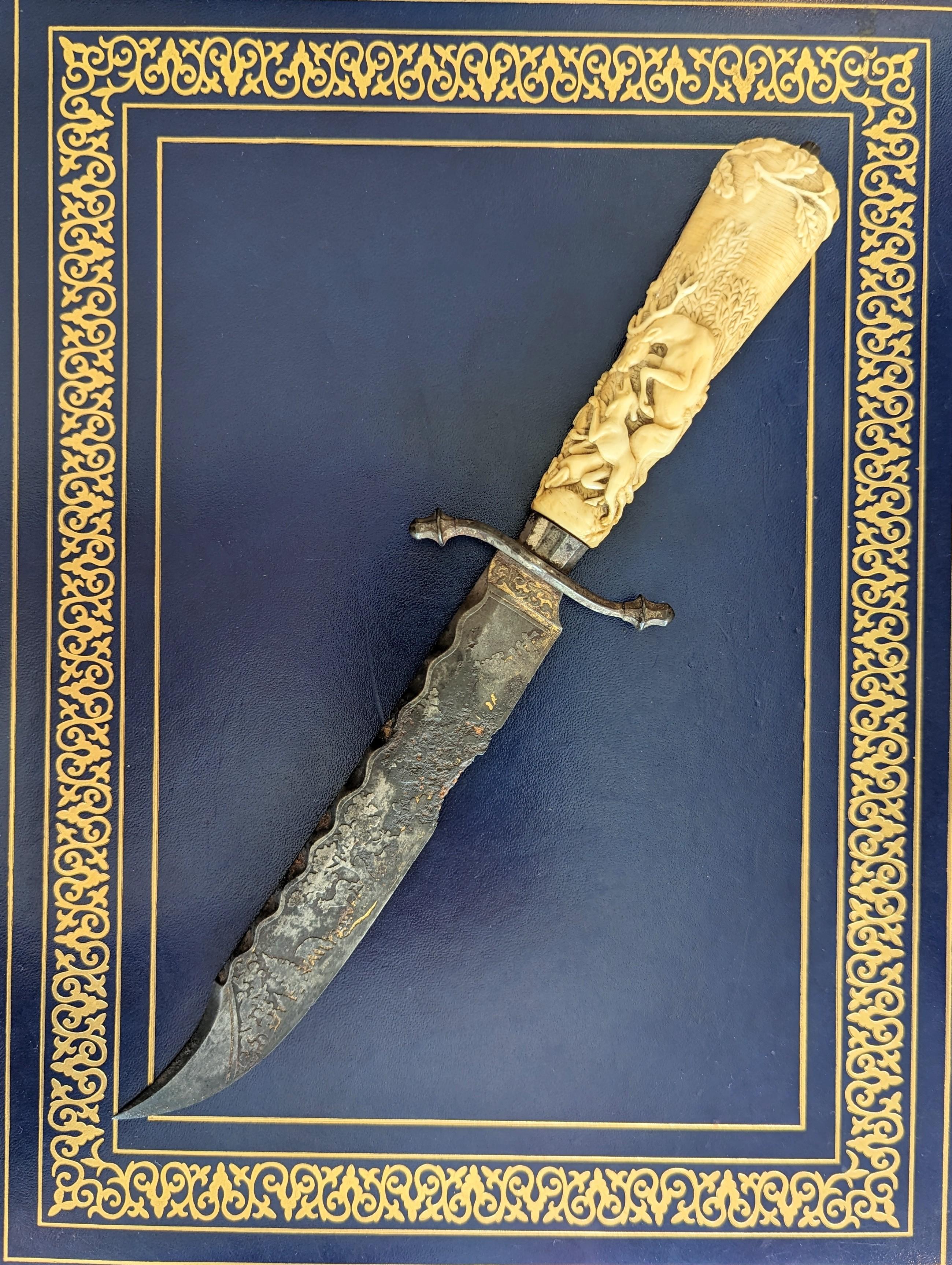19th Century Antique Hand Carved Bone Knife Hunting Scene Damascene Blade Possibly German For Sale