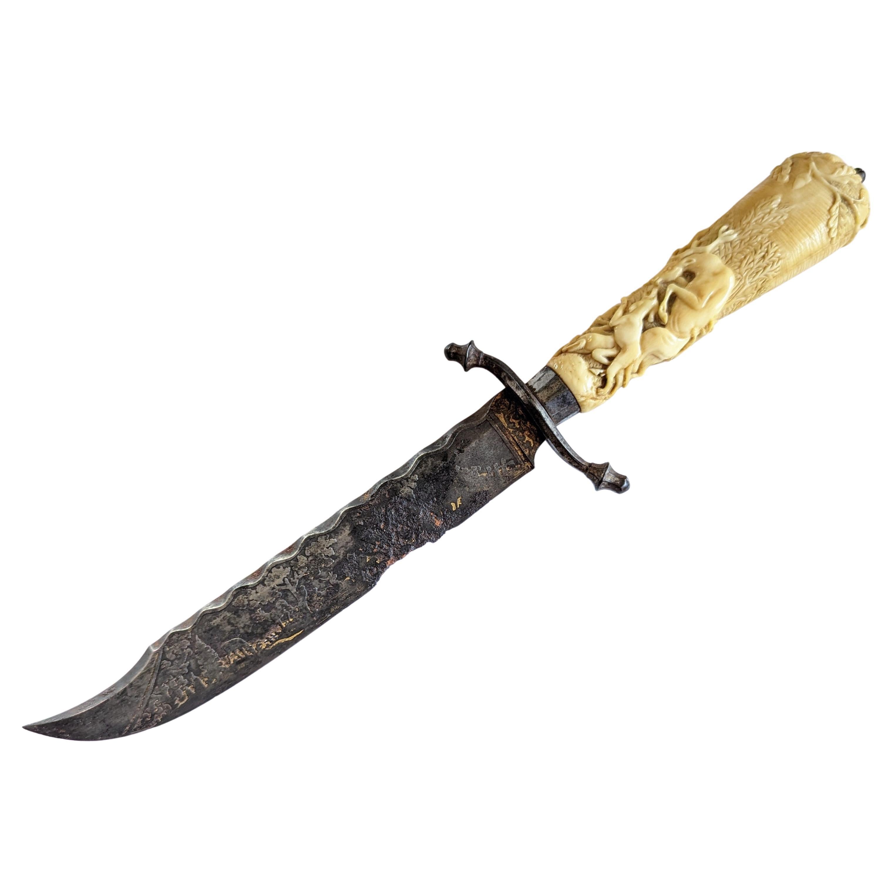 Antique Hand Carved Bone Knife Hunting Scene Damascene Blade Possibly German For Sale