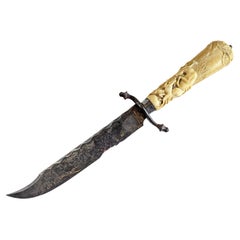 Used Hand Carved Bone Knife Hunting Scene Damascene Blade Possibly German