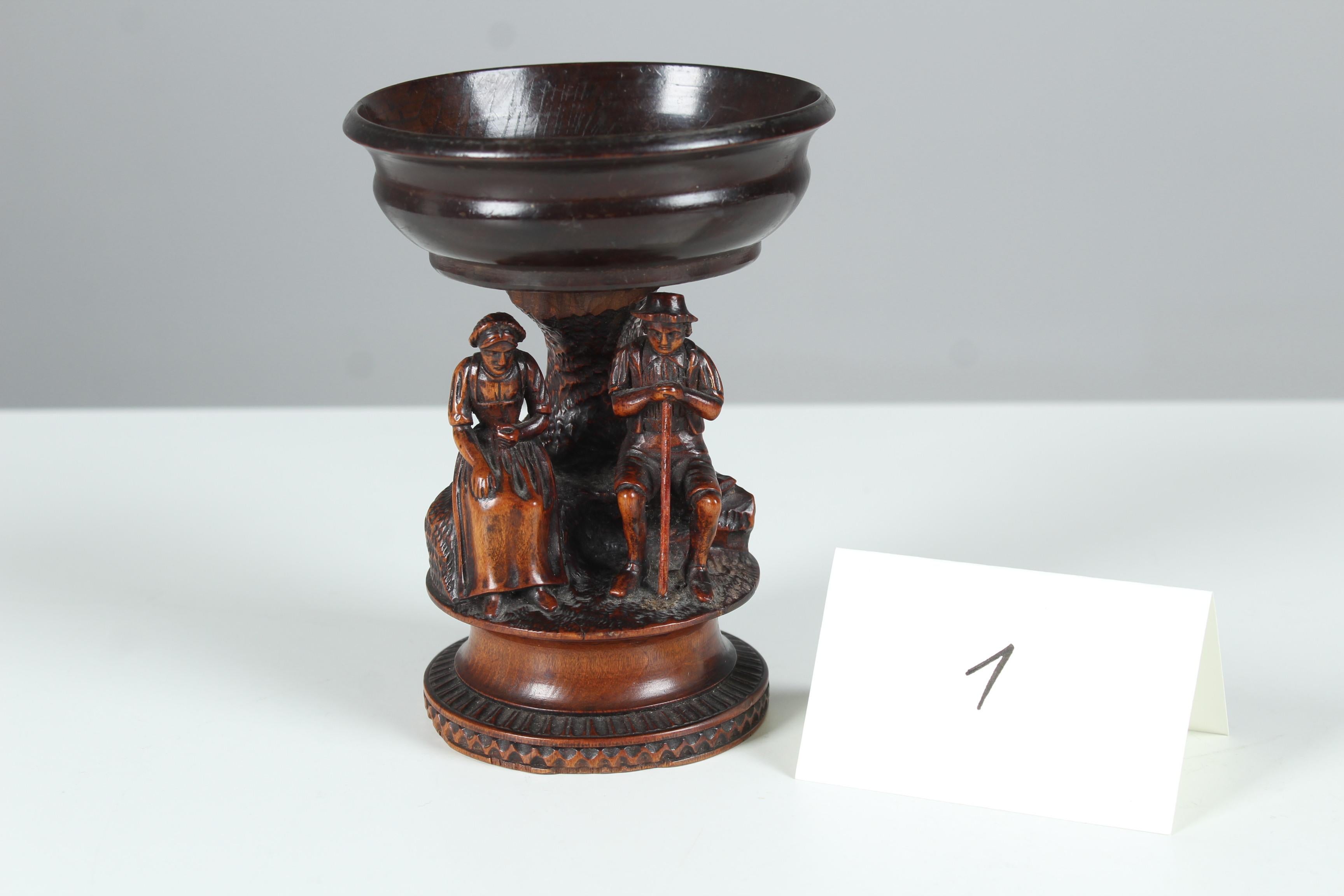 Wood Antique Hand Carved Bowl, Peasant Couple, Napoleon III., 1840s-1850s For Sale