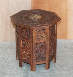 Antique Hand Carved Burmese Hardwood Antique Octagonal Side End Lamp Wine Table