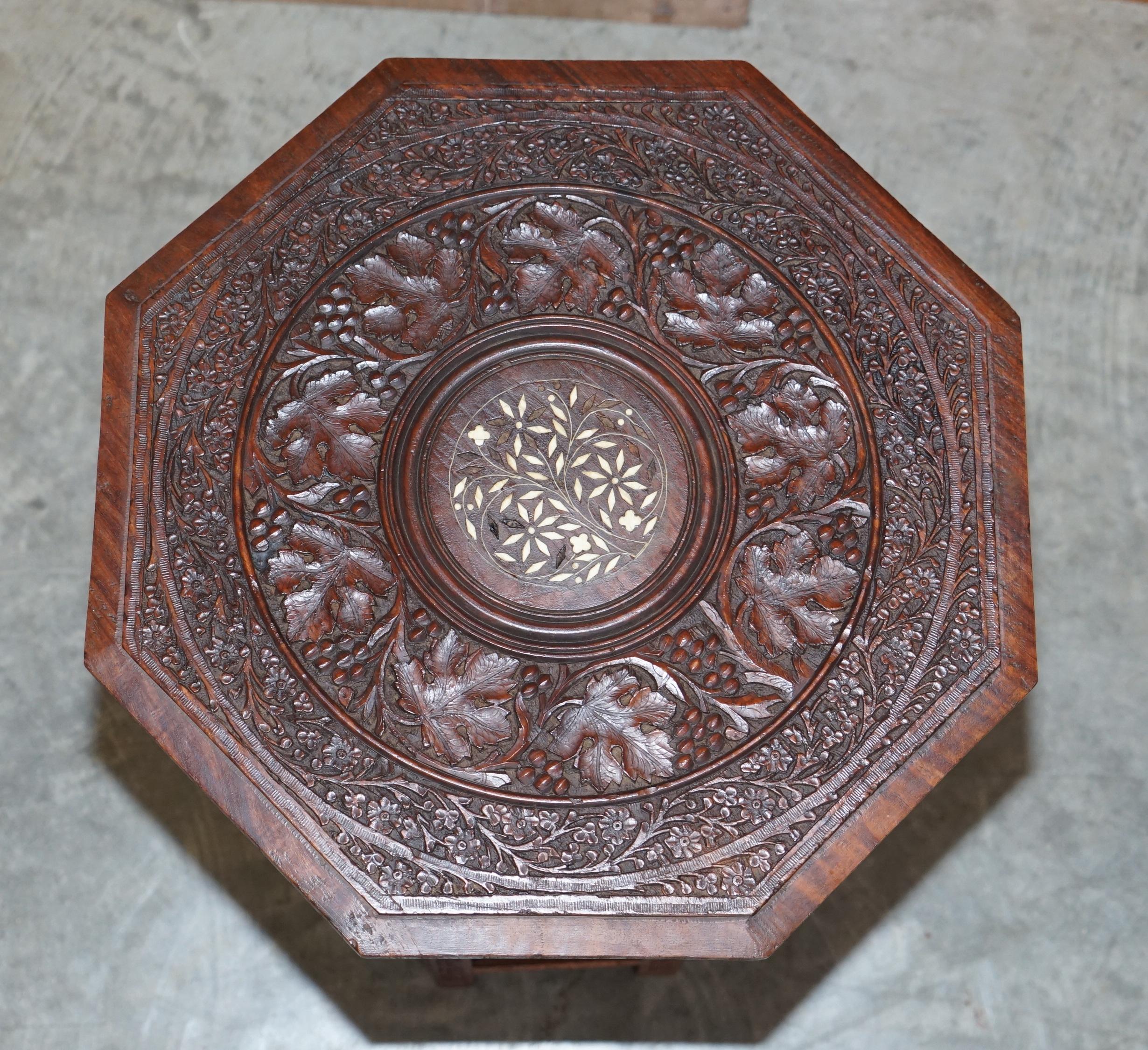 Anglo-Indian Antique Hand Carved Burmese Hardwood Antique Octagonal Side End Lamp Wine Table For Sale