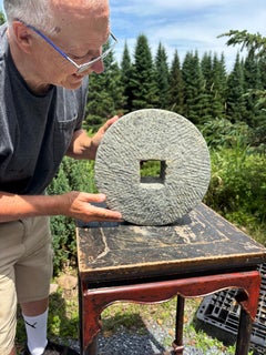 Antique Hand-Carved Cash Coin Garden Mill Stone, 19th Century