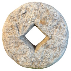 Antique Hand-Carved Cash Coin Garden Stone, 19th Century Antique Hand-Carved Cash Coin Garden Stone, 19th Century