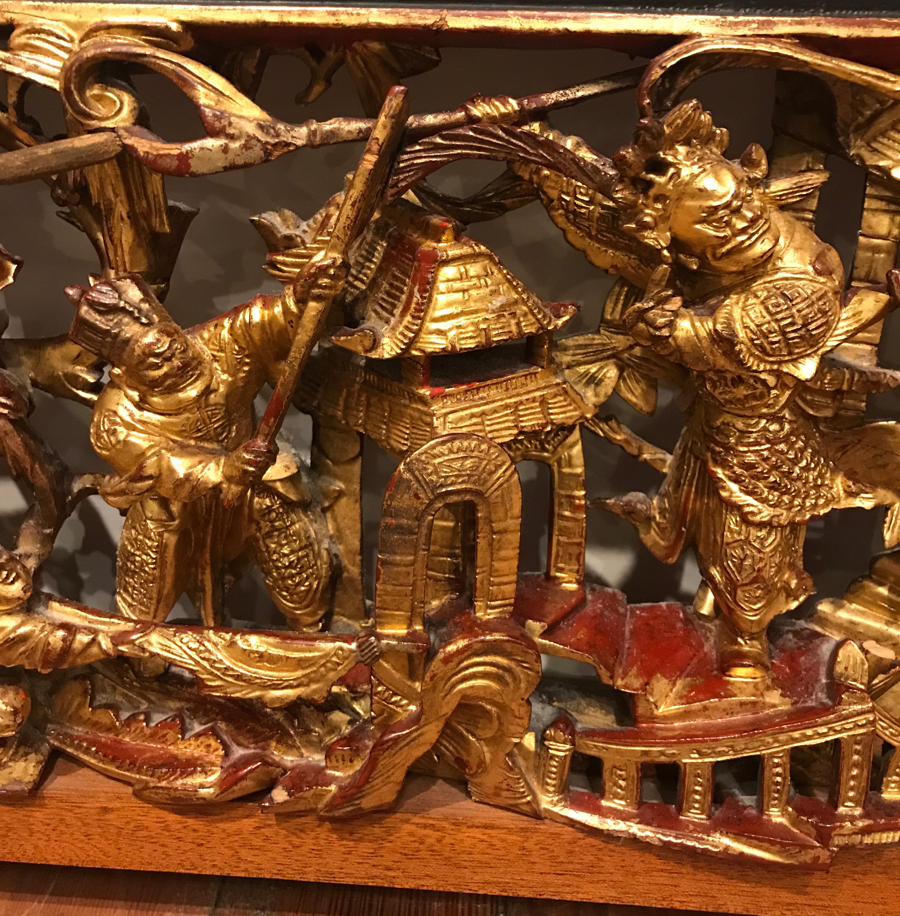 Chinese Export Antique Hand Carved Chinese Giltwood Panel, 1850s