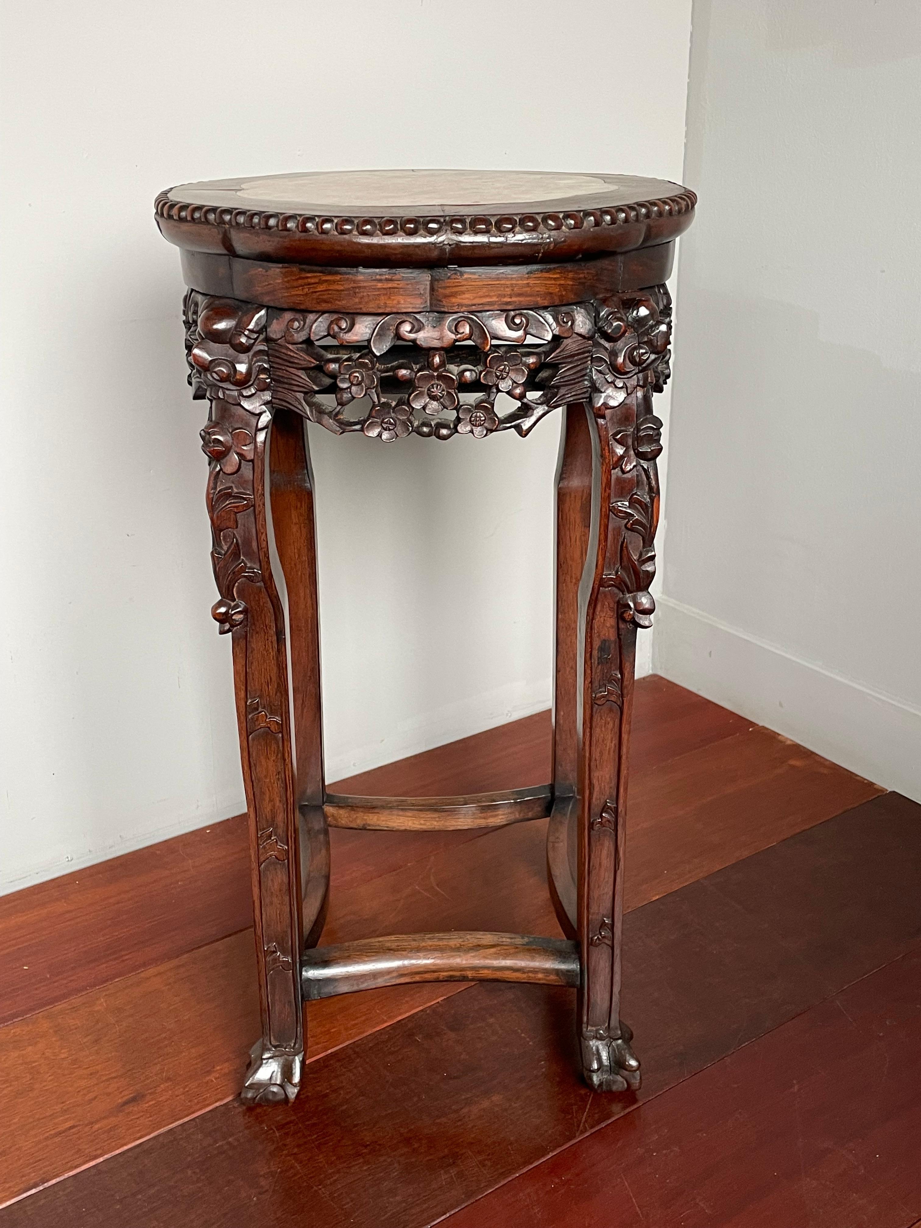 Antique Hand Carved Chinese Nutwood & Inlaid Marble Stand / Wine Table W. Marks For Sale 3