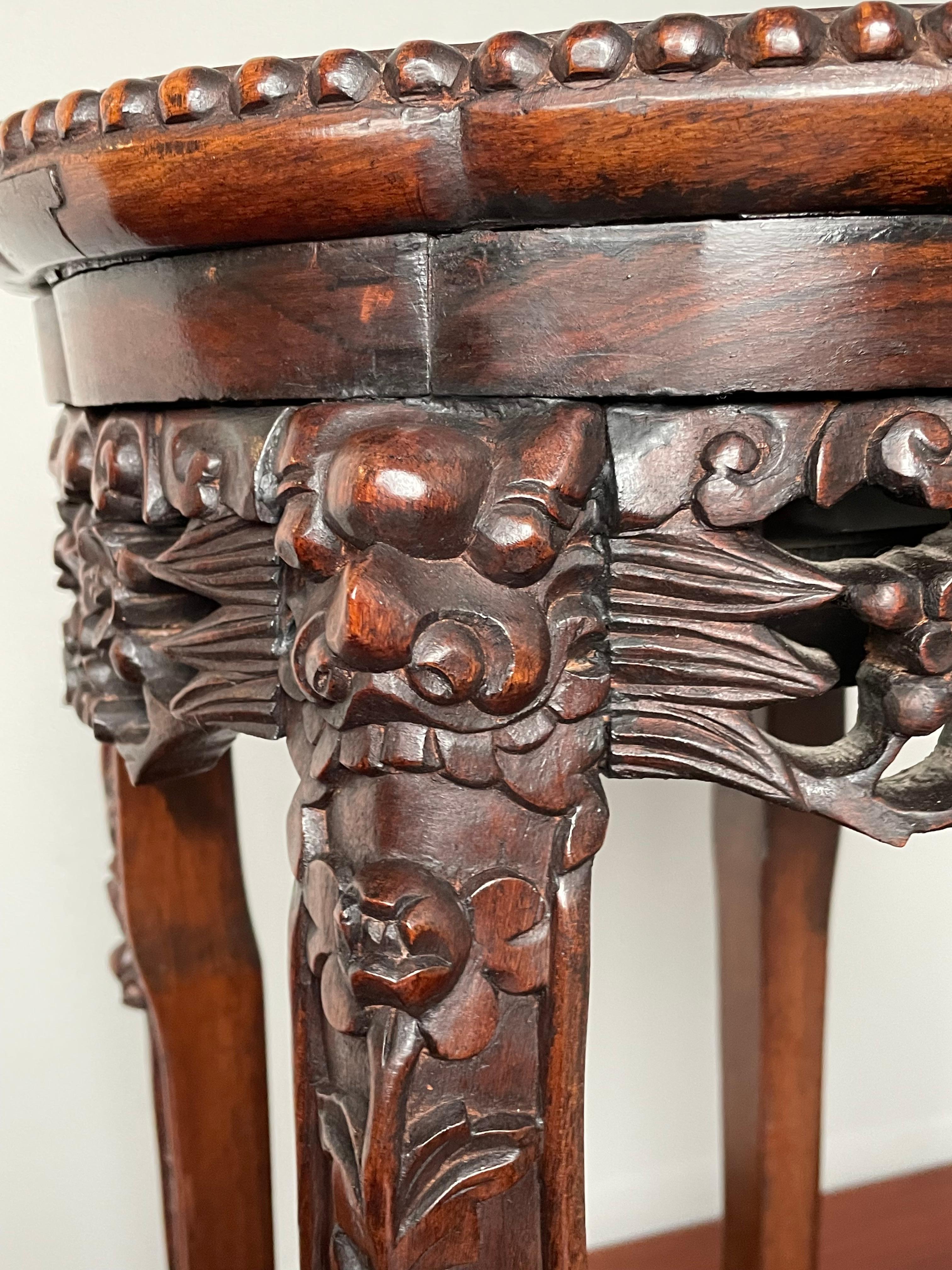 Antike Hand geschnitzt Chinesisch Nussbaum & Intarsien Marmor Stand / Wein Tisch W. Marks im Angebot 4