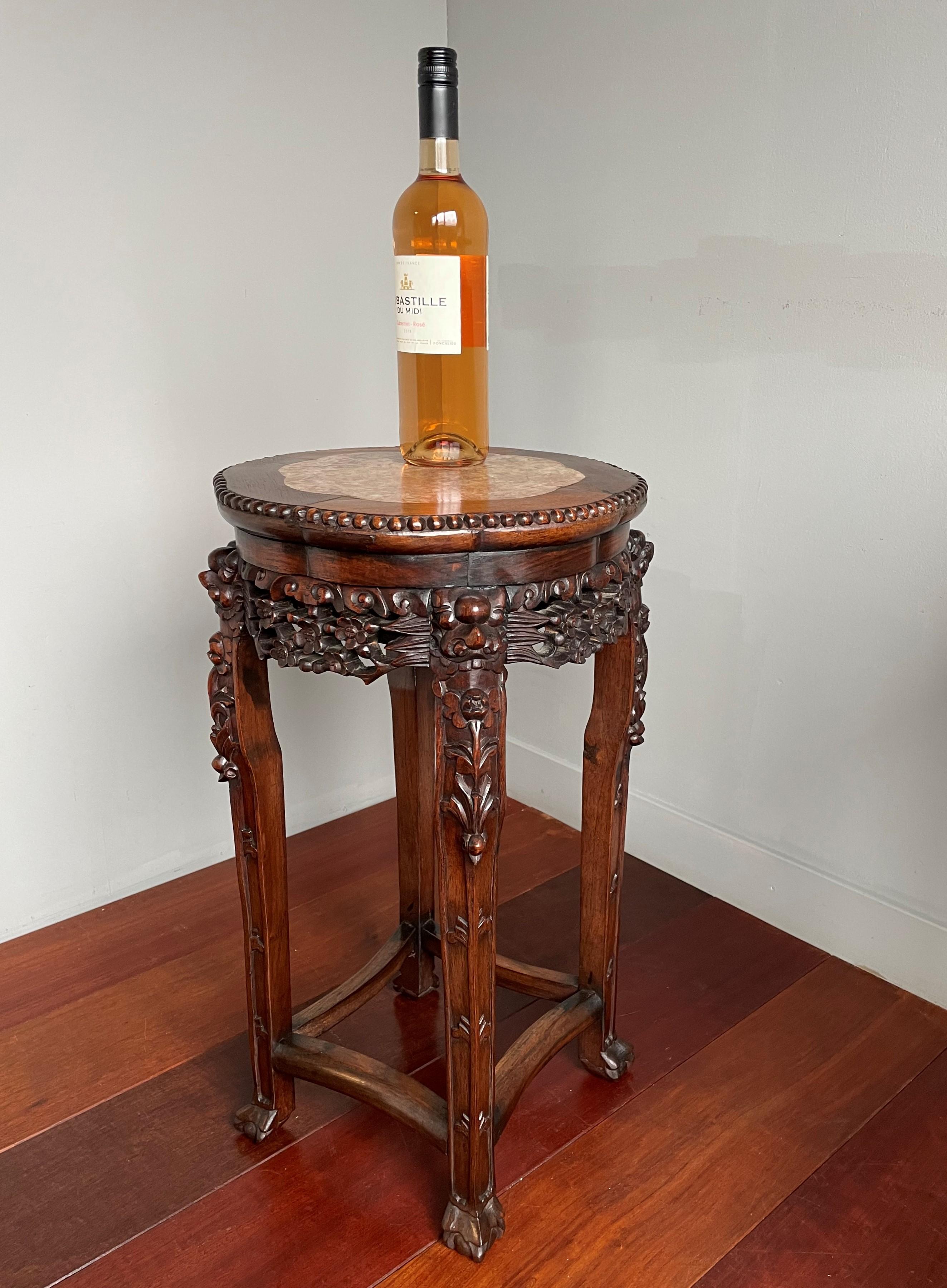 Antike Hand geschnitzt Chinesisch Nussbaum & Intarsien Marmor Stand / Wein Tisch W. Marks im Angebot 7
