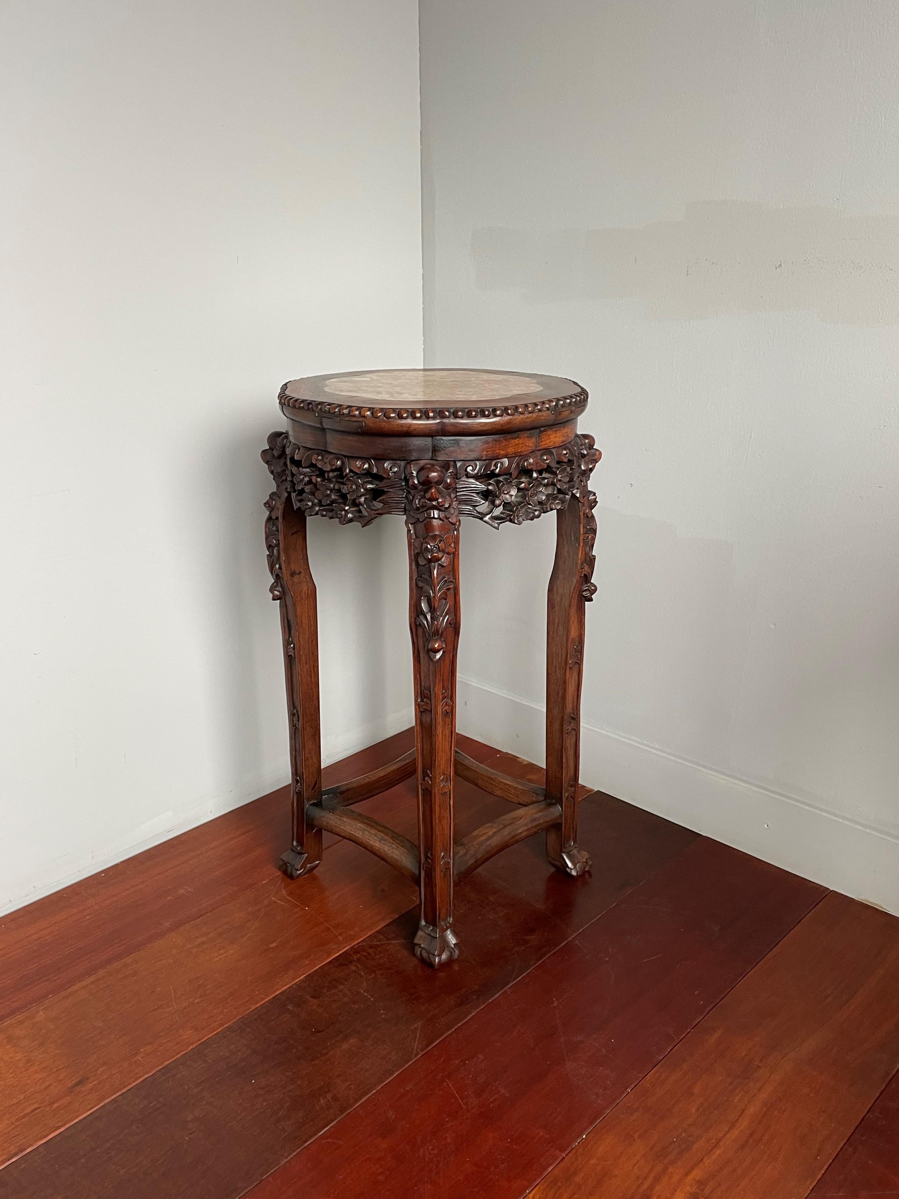 Antike Hand geschnitzt Chinesisch Nussbaum & Intarsien Marmor Stand / Wein Tisch W. Marks im Angebot 9
