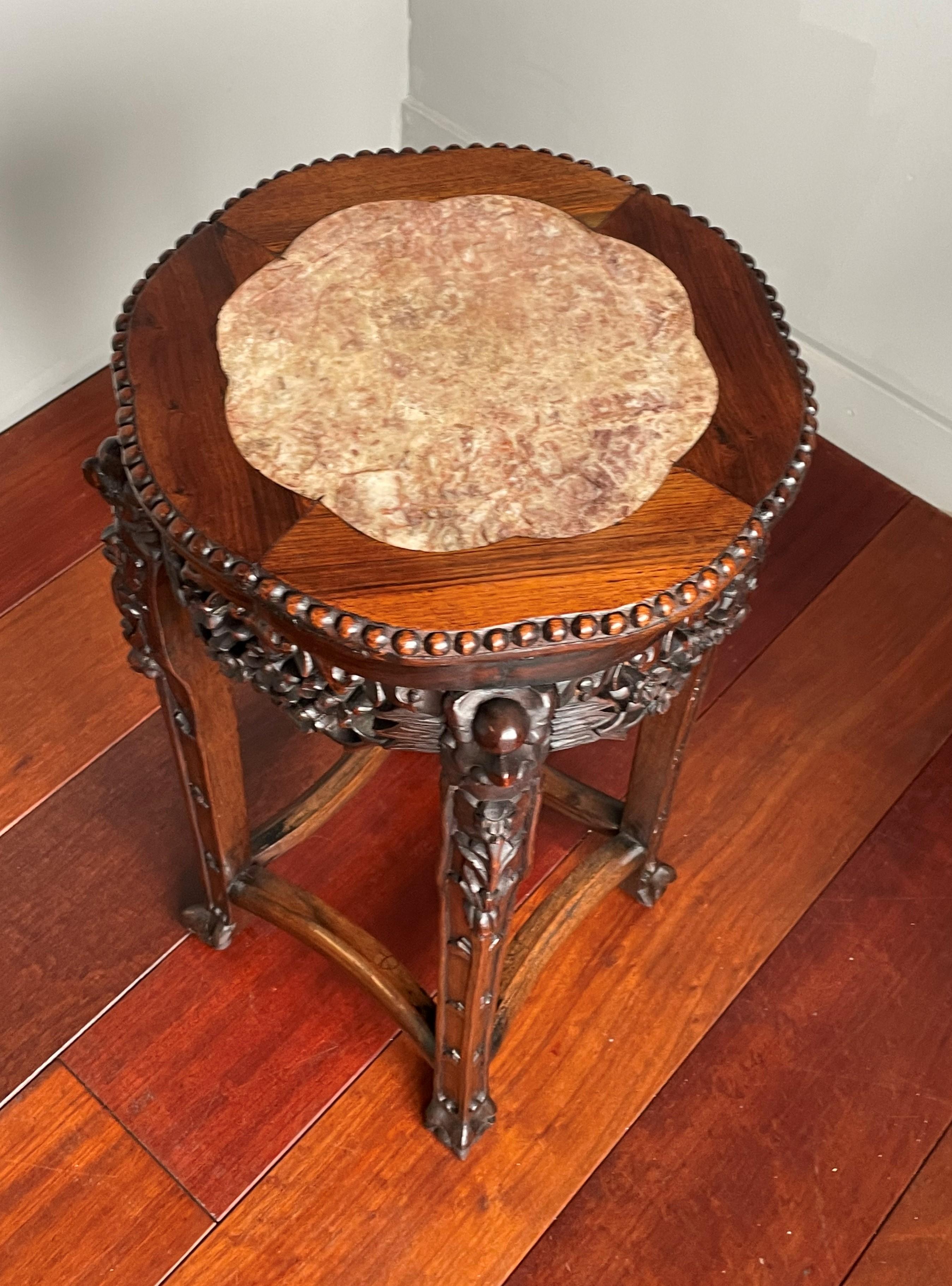 Antike Hand geschnitzt Chinesisch Nussbaum & Intarsien Marmor Stand / Wein Tisch W. Marks im Angebot 10