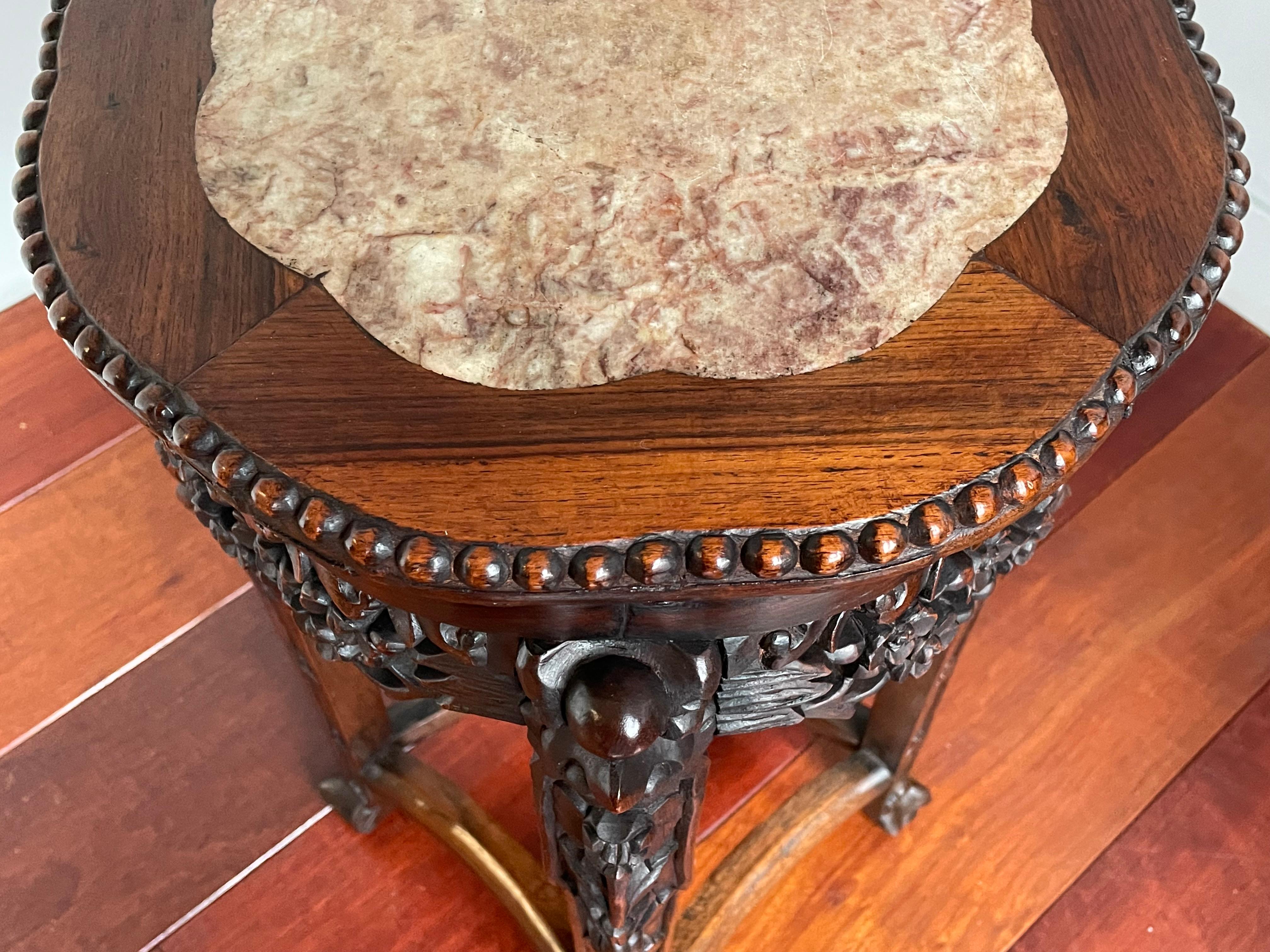 Antike Hand geschnitzt Chinesisch Nussbaum & Intarsien Marmor Stand / Wein Tisch W. Marks im Angebot 2