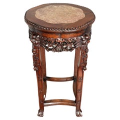 Used Hand Carved Chinese Nutwood & Inlaid Marble Stand / Wine Table W. Marks