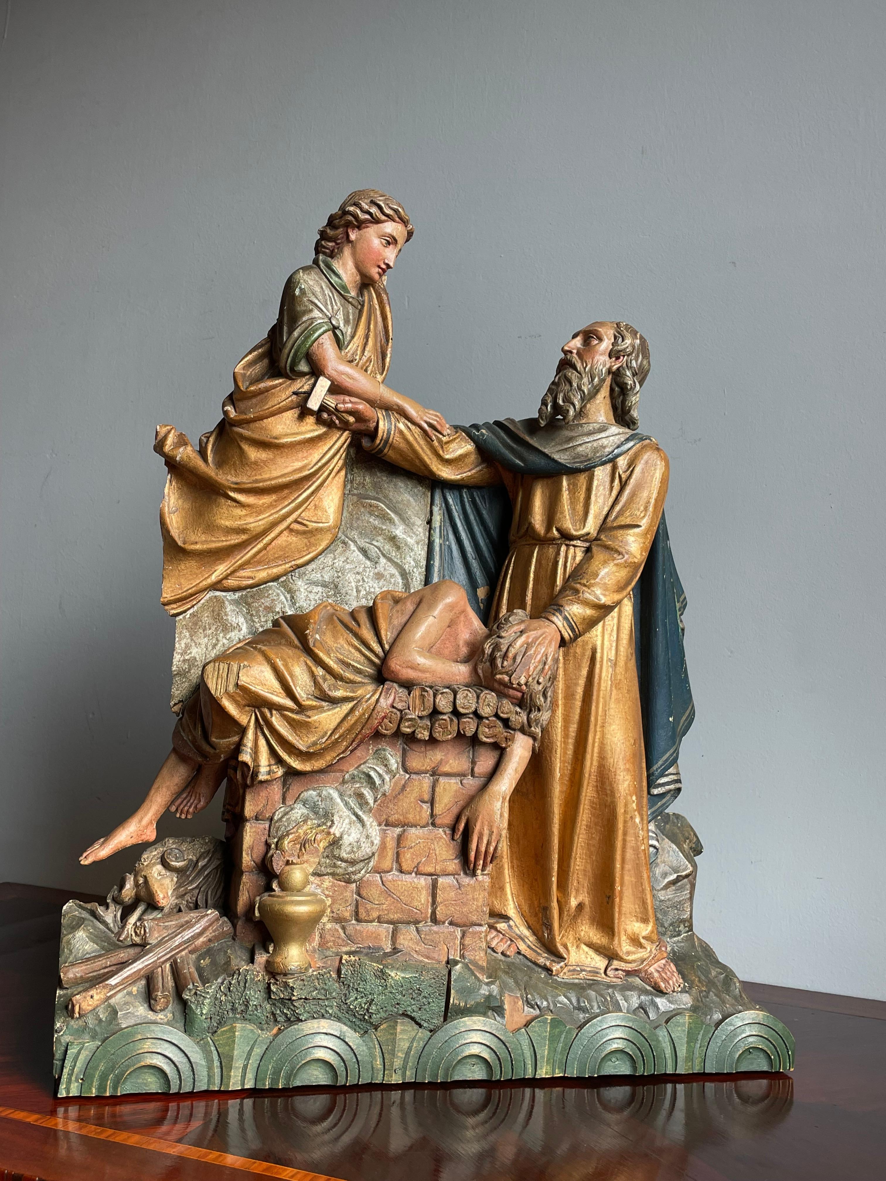 Antique Religious Church Sculpture / Carving of Abraham Offering Isaac w. Angel For Sale 2