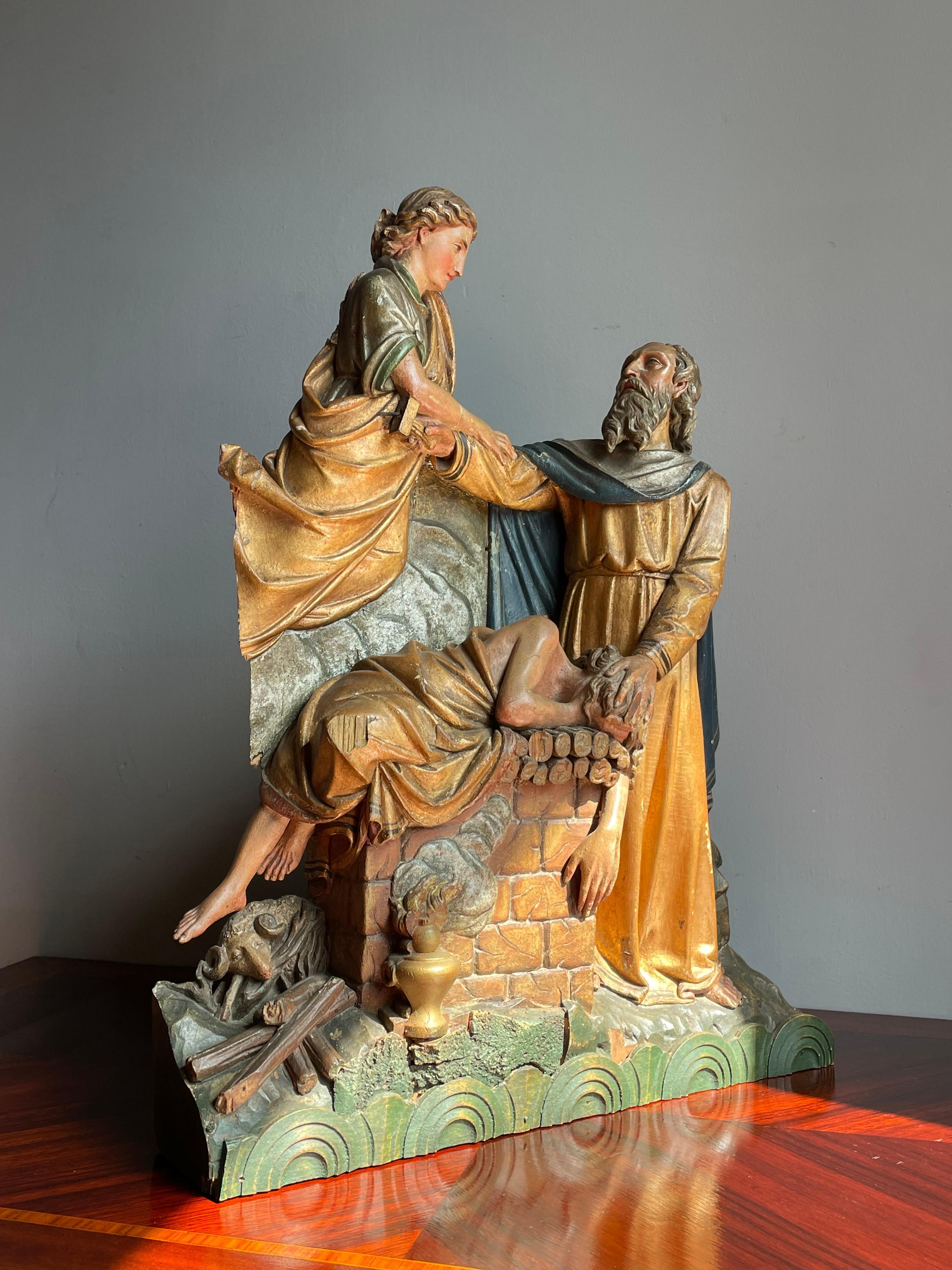 Antique Religious Church Sculpture / Carving of Abraham Offering Isaac w. Angel 6
